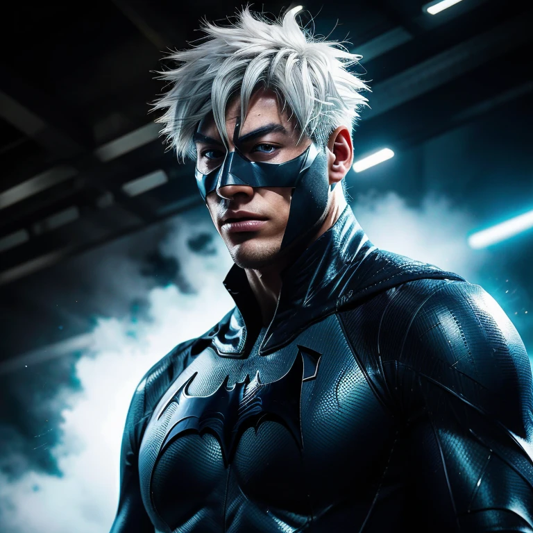 Gojo Satoru, a solo figure, boasts a resolved expression with blue eyes gleaming intensely as they focus on an unseen target. His white hair flows in the wind, adding a sense of dynamism to the scene. With his muscular build, he is an imposing figure, clad in a realistic and intricately designed Batman suit. His enhanced physique is accentuated by the oversized breasts created by the suit's hyper-realistic rendering. Each detail is captured in sharp focus, with the Batman armor's textures showing intricate designs and precise lines. The high-tech gadgets integrated into the suit add a futuristic touch, and dynamic lighting illuminates every
