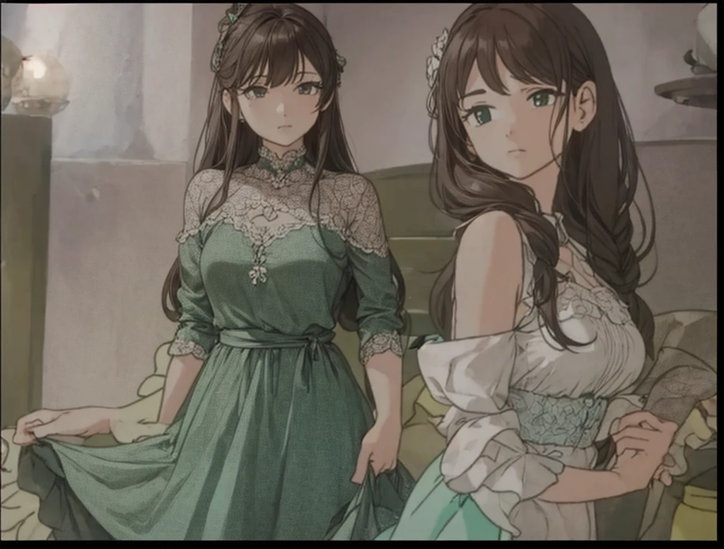 A beautiful woman with long hair is standing in a green dress - SeaArt AI