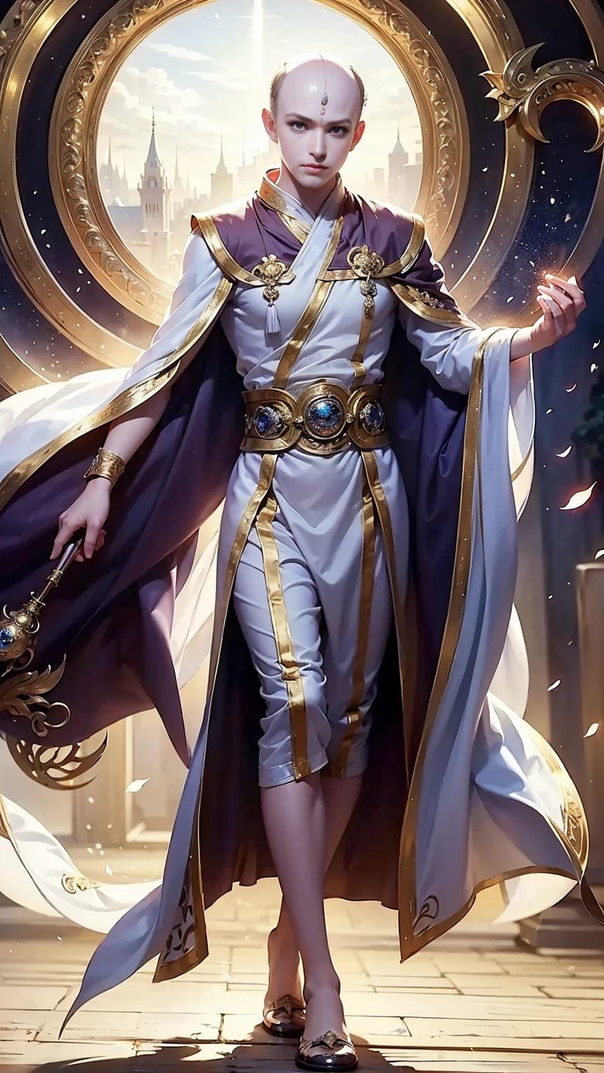 ((masterpiece)), HD clarity, monk,stand,cloth shoes, (((( 1 person, White sleeves, bald-headed, robe)))),(((1 teenager,bald-headed,monk,entire human body,tear nevus:))),(bald-headed:1.8),Cool sensation,Nature,peaceful,Childish。best quality,master painting:1.4),ultra high resolution,realistically,front lighting,intricate details,solo,(When young),looking at the audience,(Hollow pattern,White,silk),fit,VIP room,professional lighting,photon mapping,Radiosity,Physically based rendering,