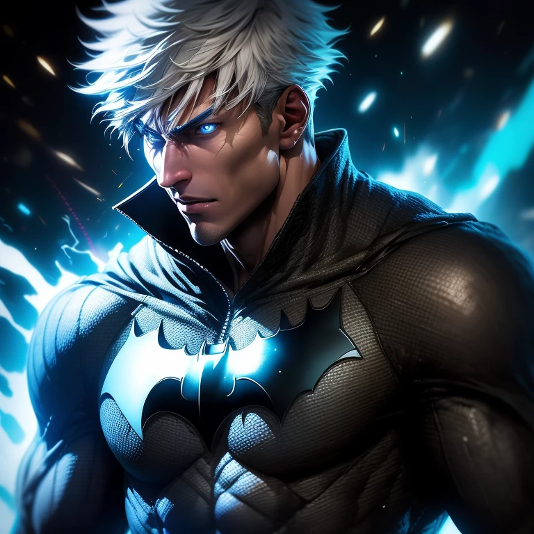 Gojo Satoru, a solo figure, boasts a resolved expression with blue eyes gleaming intensely as they focus on an unseen target. His white hair flows in the wind, adding a sense of dynamism to the scene. With his muscular build, he is an imposing figure, clad in a realistic and intricately designed Batman suit. His enhanced physique is accentuated by the oversized breasts created by the suit's hyper-realistic rendering. Each detail is captured in sharp focus, with the Batman armor's textures showing intricate designs and precise lines. The high-tech gadgets integrated into the suit add a futuristic touch, and dynamic lighting illuminates every