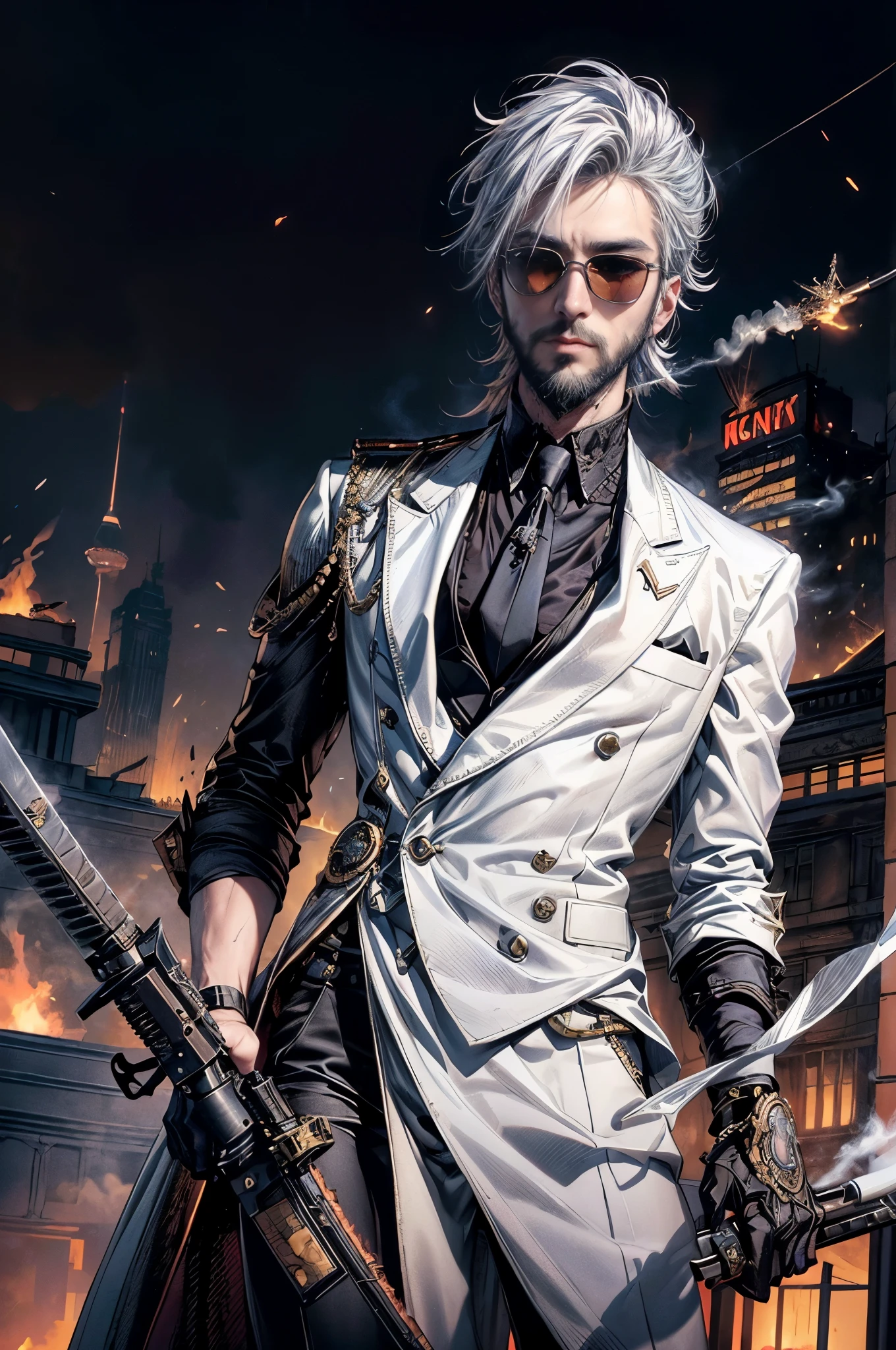 cinematic lighting,16k quality、super dense skin、Beautiful quality with attention to detail,cyberpunk、(Handsome young man with silver hair、beard、Detailed beautiful facial features:1.3)、(formal black business suit、white shirt、black suit slacks:1.2)(sunglasses、tobacco、Heavy Smoker:1.4).(point your weapon at me、point the long gun at me:1.4)Huge cross motif tie、on the roof、attack acrobatically、Predawn sky、The world of steampunk、(a helicopter is flying above、fire from building:1.3)