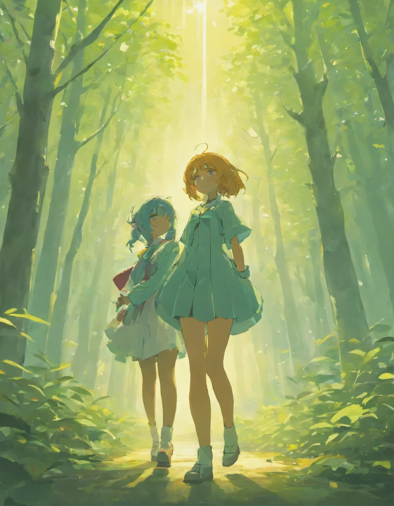 A girl and teacher anthropomorphized from Spitz playing with Spitz White。Sunbeams filtering through the leaves in a wide forest