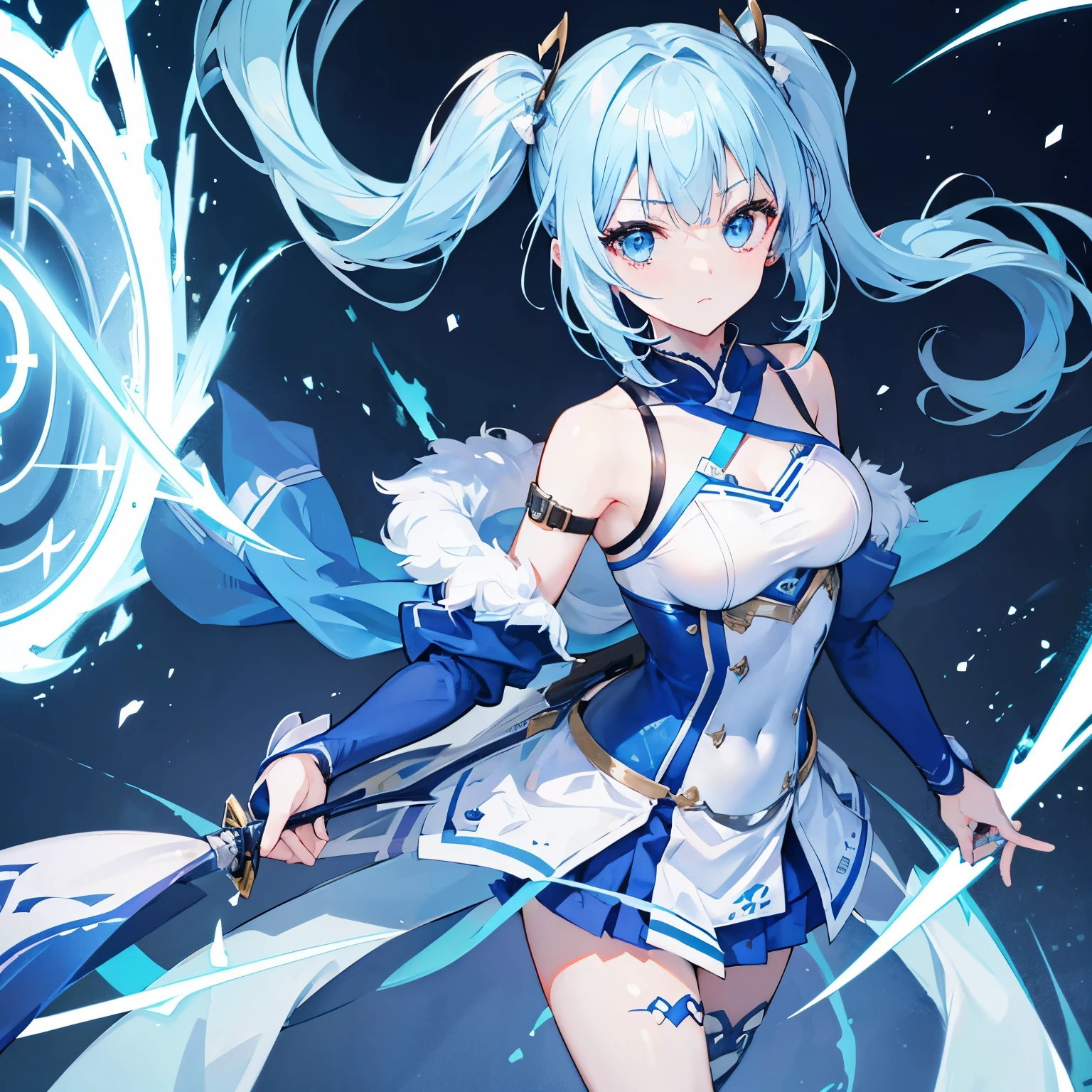 1 girl、warrior 、knife、light blue hair、twin tails、light blue eyes