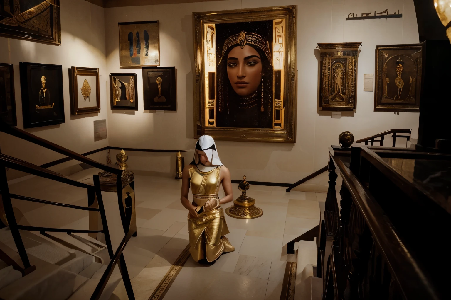 (Best quality, 8k, 32k, Masterpiece, UHD:1.2) "Transform the image into a luxurious Egyptian Museum, where opulence meets ancient mystique. Fill the scene with an exquisite collection of Egyptian artifacts and paintings, each possessing supernatural roots and influenced by Egyptian Mythos. Enhance the grandeur of the museum with intricate gold accents, ornate pillars, and regal tapestries. Illuminate the artifacts with a soft, golden light, casting a warm glow that highlights the richness of the surroundings. Infuse an air of prestige and mystery, capturing the essence of an exclusive museum that preserves the magic and history of ancient Egypt in a lavish setting."