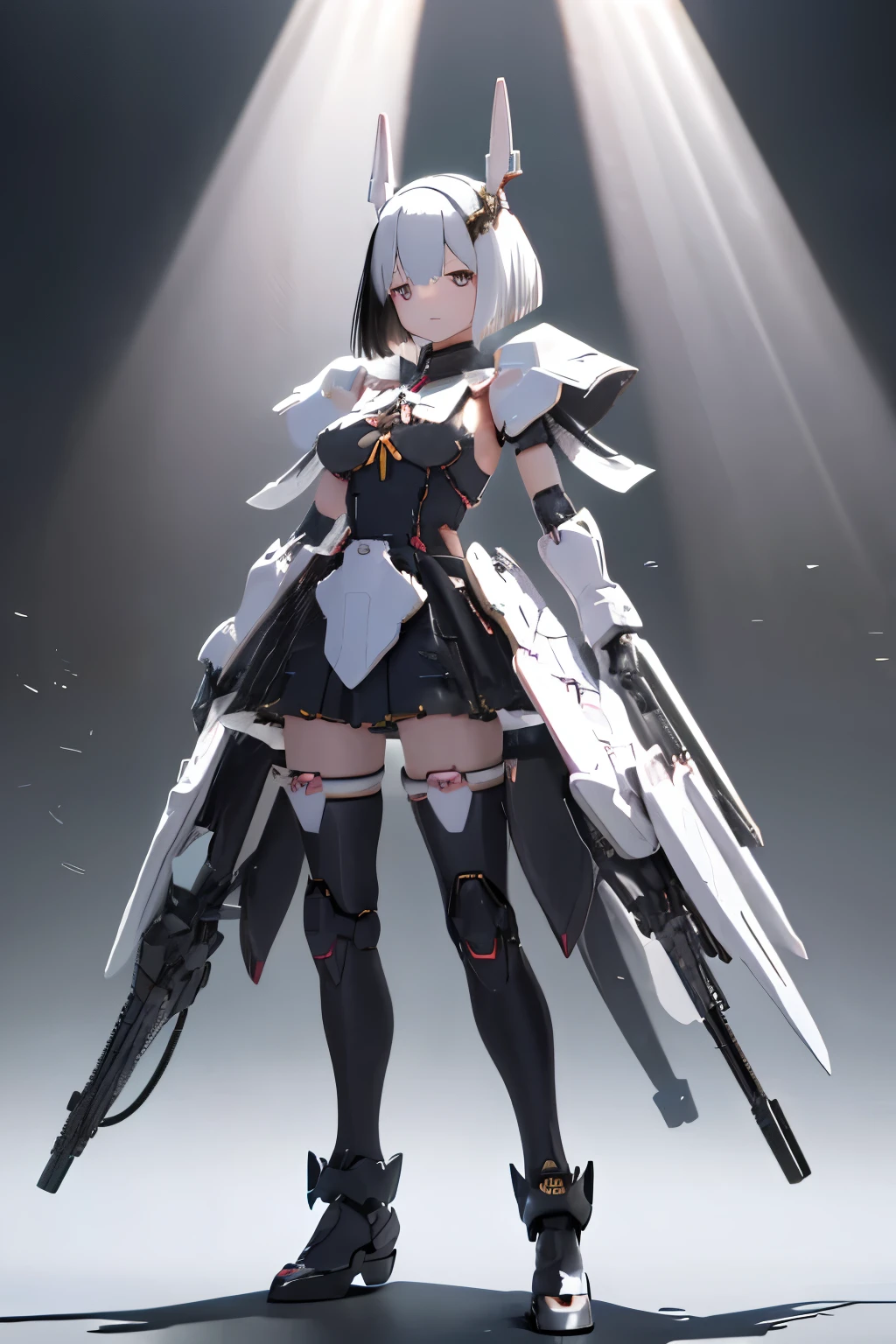 (highest quality)), ((masterpiece)), (very detailed: 1.3), 3D, {(japanese young girl)}, japanese girl wear gothic lolita clothes with white frills under armor,  wears a futuristic Gundam mecha,(Gundam), with headgear, with v-fin , armored shoulders,armored under arms, armored under legs,  multilayer textureperfect proportions, octane rendering, duotone lighting, Low ISO, wide aperture, White balance, Rule of thirds, ultra HD16k, HDR (High Dynamic Range), Ray Tracing, NVIDIA RTX, Super Resolution, Subsurface Scattering, PBR Texturing, Post Processing, Anisotropic Filtering, Depth of Field, Maximum Clarity and Clarity, High efficiency subpixel, subpixel convolution, particles of light, light scattered, Tyndall effect, full body:1.5, battle pose, cute, (cute:1.2), (bob cut:1.3),三つ編み, 黒髪, 太い眉毛, 薄い色の虹彩, 大きくて輝いている黒い瞳, 長いまつげ, 小さく薄い色の自然な唇, (Average face of Japanese idols), (日本人特有の童顔:1.3), (baby face), 広いおでこ:1.2, ふっくらした頬, 小さな顎, visible side boob, (holding a huge weapon:1.5), 特大の盾を持っている, in the hangar,looking at viewer,Focus on the eyes 