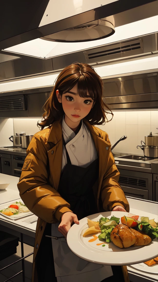 best quality, chef-d'Work, super fast, (realistic : 1,4), Photo Beast, 1 woman, In the Dark, heavy shadow, Discrete, cold light, Beautiful girl, UHD (울트라 디테Work) Observation of viewers wearing padded jackets and jeans, another, colourful, long, dyed brown hair 🌈