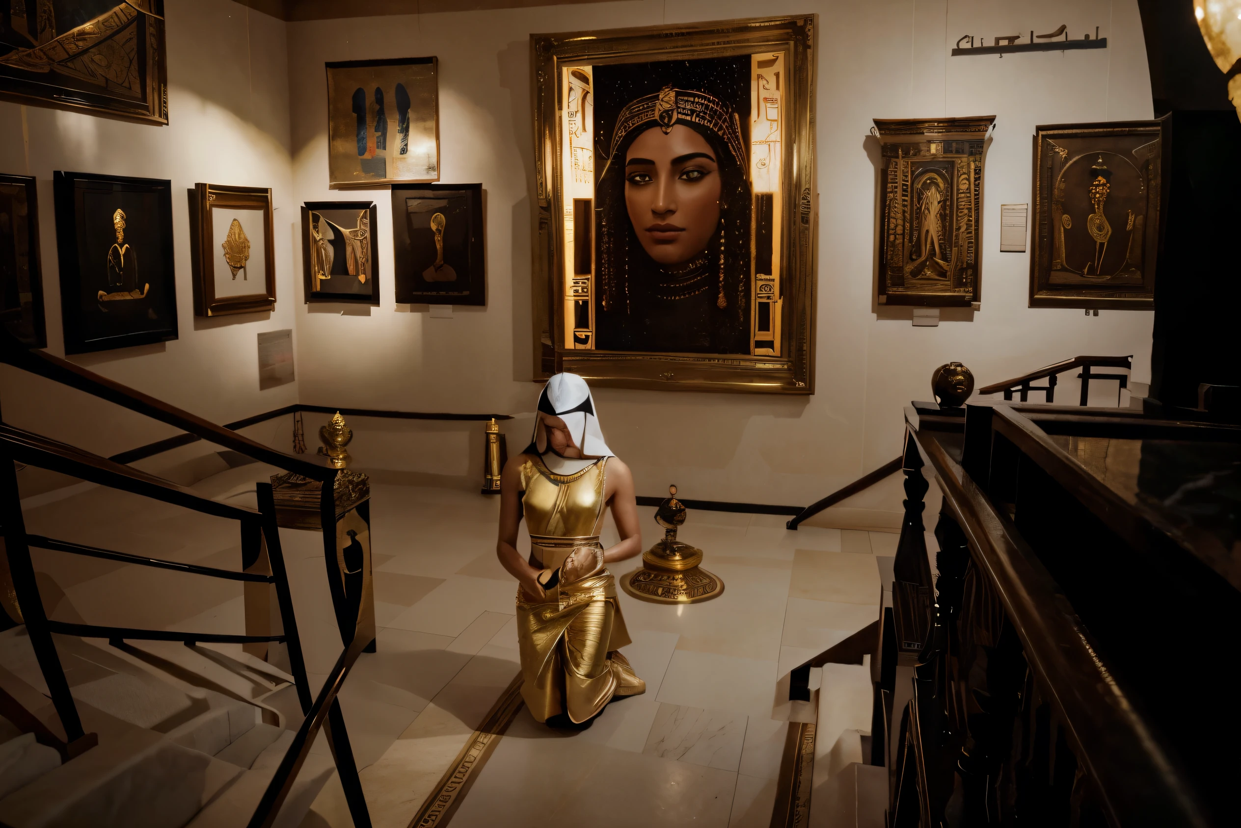 (Best quality, 8k, 32k, Masterpiece, UHD:1.2) "Transform the image into a luxurious Egyptian Museum, where opulence meets ancient mystique. Fill the scene with an exquisite collection of Egyptian artifacts and paintings, each possessing supernatural roots and influenced by Egyptian Mythos. Enhance the grandeur of the museum with intricate gold accents, ornate pillars, and regal tapestries. Illuminate the artifacts with a soft, golden light, casting a warm glow that highlights the richness of the surroundings. Infuse an air of prestige and mystery, capturing the essence of an exclusive museum that preserves the magic and history of ancient Egypt in a lavish setting."