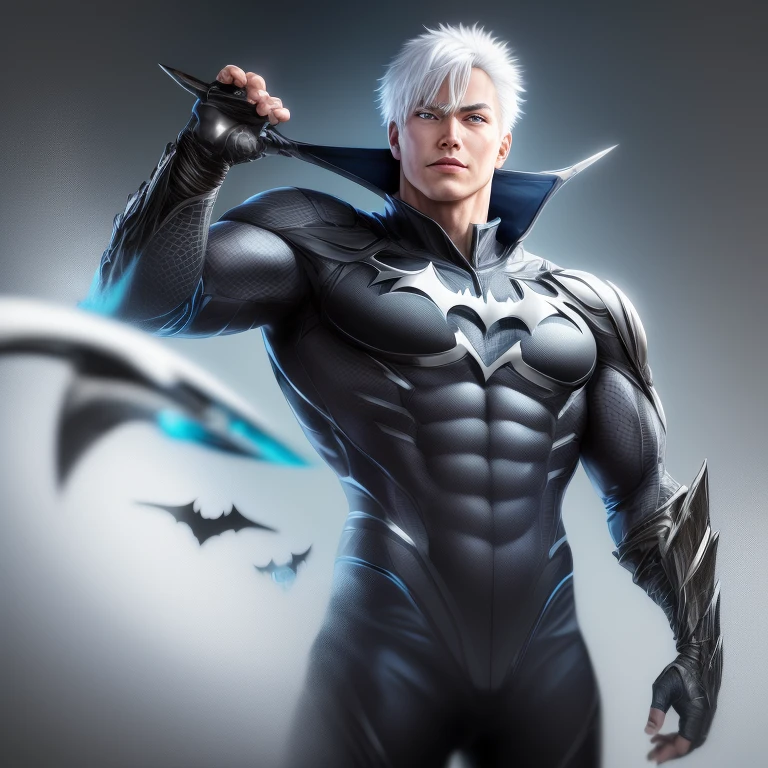 Gojo Satoru, a solo figure, boasts a resolved expression with blue eyes gleaming intensely as they focus on an unseen target. His white hair flows in the wind, adding a sense of dynamism to the scene. With his muscular build, he is an imposing figure, clad in a realistic and intricately designed Batman suit. His enhanced physique is accentuated by the oversized breasts created by the suit's hyper-realistic rendering. Each detail is captured in sharp focus, with the Batman armor's textures showing intricate designs and precise lines. The high-tech gadgets integrated into the suit add a futuristic touch, and dynamic lighting illuminates every