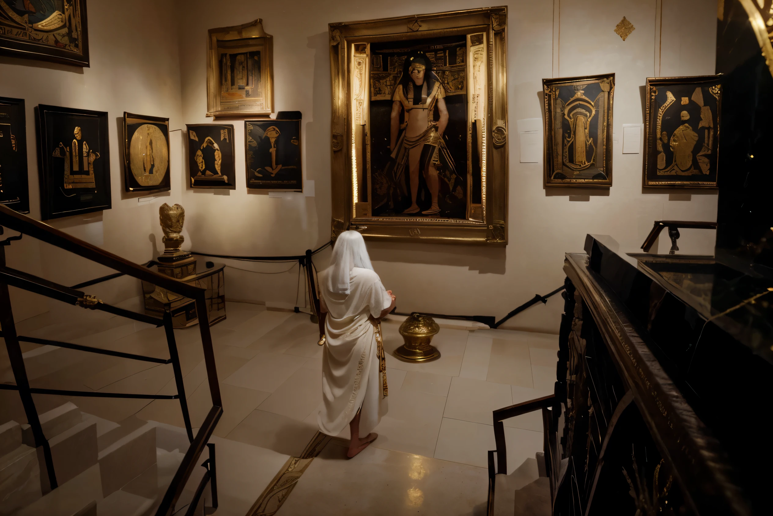(Best quality, 8k, 32k, Masterpiece, UHD:1.2) "Transform the image into a luxurious Egyptian Museum, where opulence meets ancient mystique. Fill the scene with an exquisite collection of Egyptian artifacts and paintings, each possessing supernatural roots and influenced by Egyptian Mythos. Enhance the grandeur of the museum with intricate gold accents, ornate pillars, and regal tapestries. Illuminate the artifacts with a soft, golden light, casting a warm glow that highlights the richness of the surroundings. Infuse an air of prestige and mystery, capturing the essence of an exclusive museum that preserves the magic and history of ancient Egypt in a lavish setting."