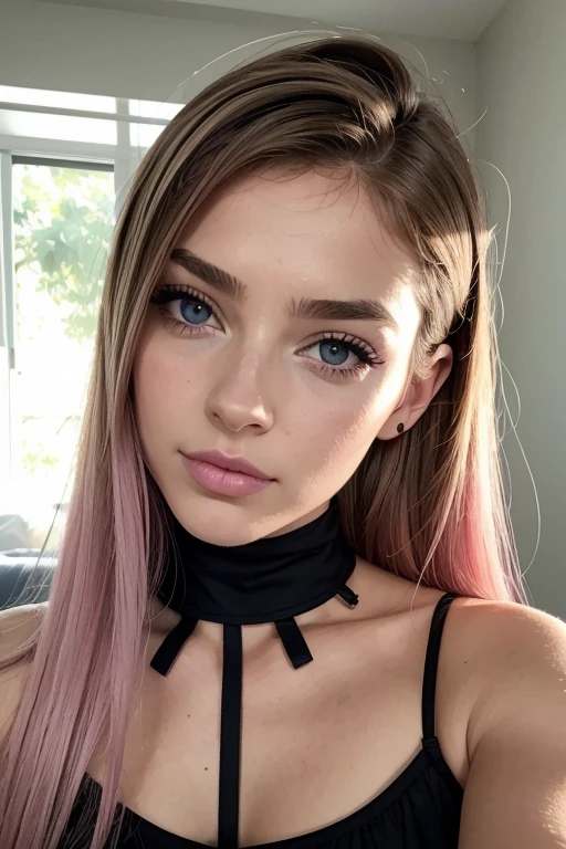 pussy, Belle fille, Marron_eyeeautiful mince adolescente de 18 ans, cheveux color [Brown highlights cheveux], [Pixie undercut] cheveux)), boucles d’oreilles, lèvres, Réaliste, taille étroite, charmant, pink lèvrestick, maquillage coloré, Cils longs, boucles d’oreilles, porter de l’eye-liner, peau claire, (mignon), (face détaillée), Yeux détaillés, Iris détaillé, en nuisette de nuit, pyjama,  {De la tête aux pieds, montrant tout ton corps:1.7}, avec grimace 