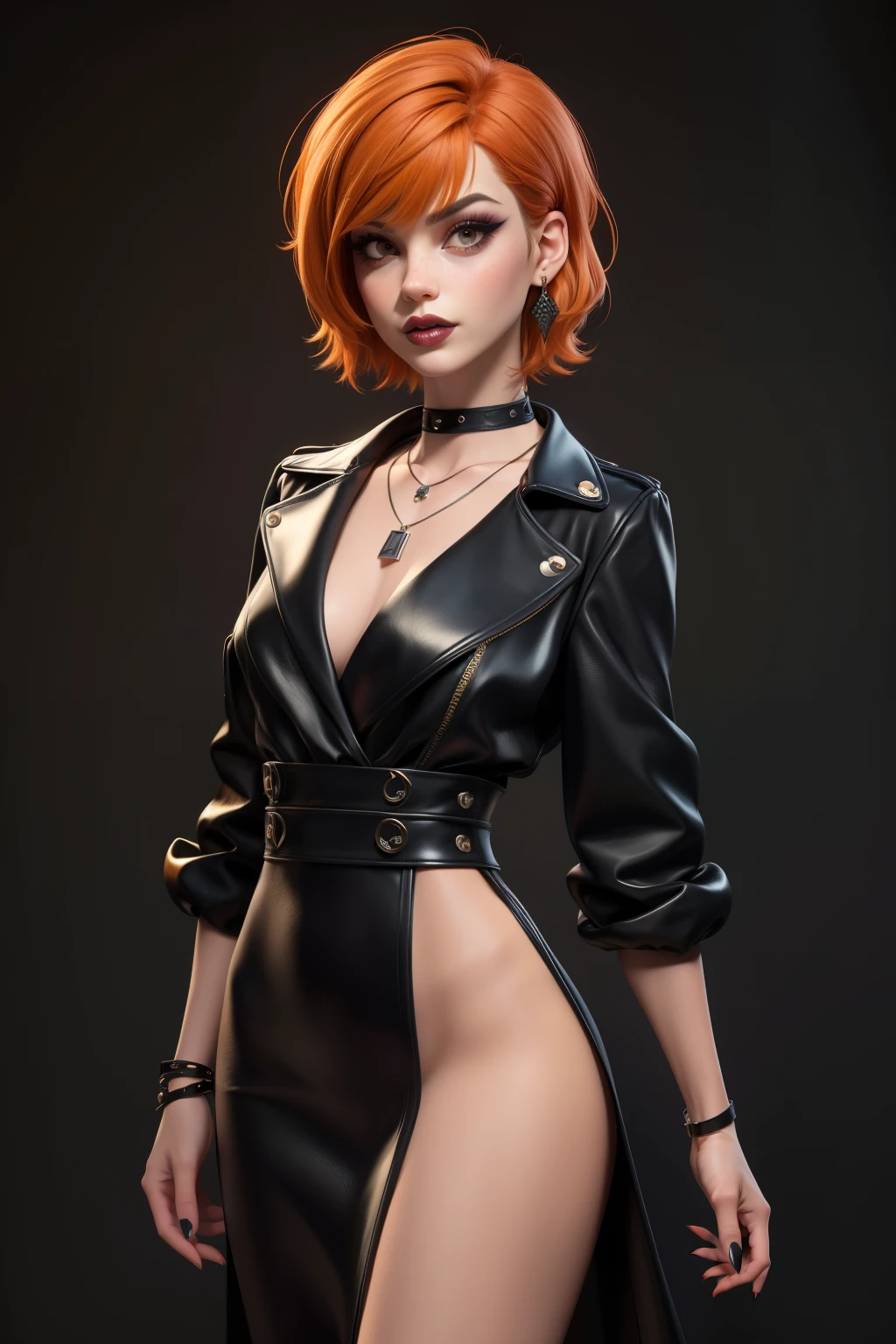 masterpiece, best quality,3d rending work ,3DMM style, pro photography, 3D,1 nude girl, solo, multicolored hair, orange hair, black hair, necklace, freckles, jewelry, two-tone hair, looking to the side, lustful look, realistic, full naked body, simple background, bangs, looking away, short hair, parted lips, black eyes, lips, gothic, choker, makeup, mole, fashion pose, post punk, dark wave