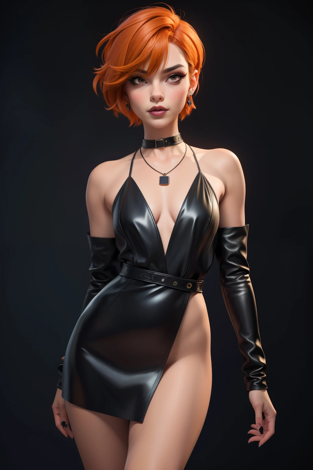 masterpiece, best quality,3d rending work ,3DMM style, pro nude photography, 3D,1 nude girl, solo, erotic photo, multicolored hair, orange hair, black hair, necklace, freckles, jewelry, two-tone hair, looking to the side, lustful look, realistic, full naked body, simple background, bangs, looking away, short hair, parted lips, black eyes, lips, gothic, choker, makeup, mole, fashion pose, post punk, dark wave