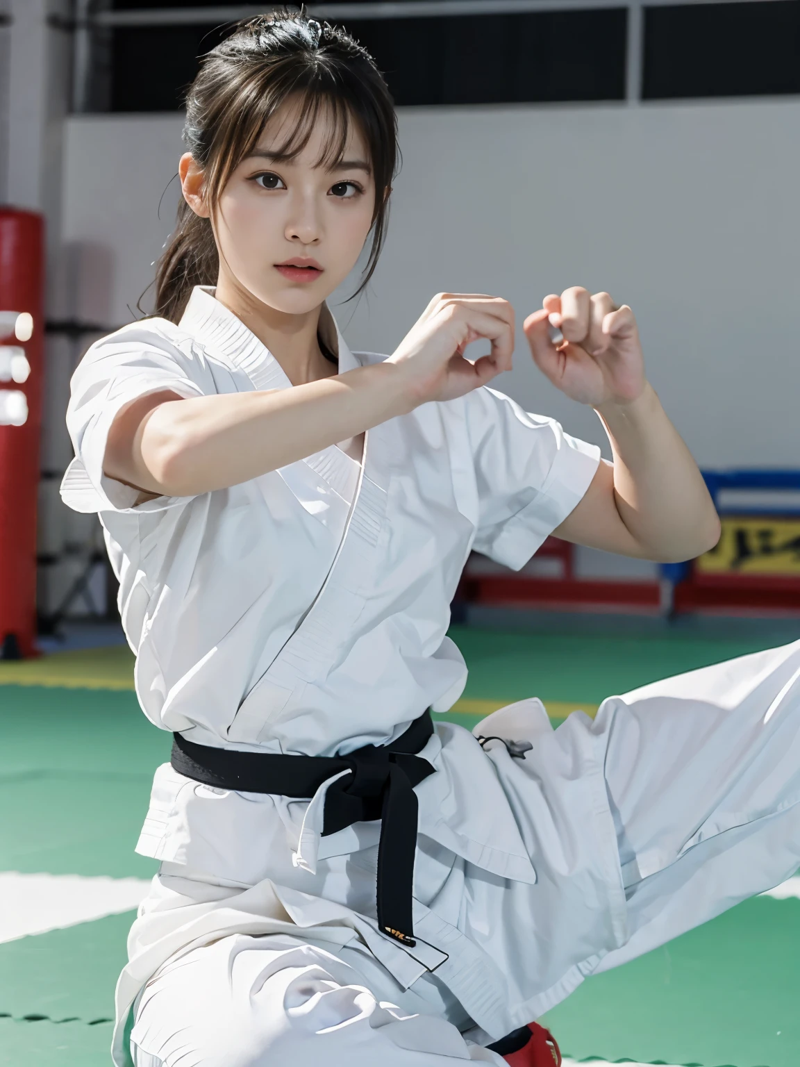 Highest image quality,highest quality,masterpiece,4k,8k,best quality,女性karate,in a karate道場ring, she is ready to fight,  Jumping Kick Pose, karate, young japanese woman, japanese girl,karateの白い道着,wearing white pants,Black belt,karate大会