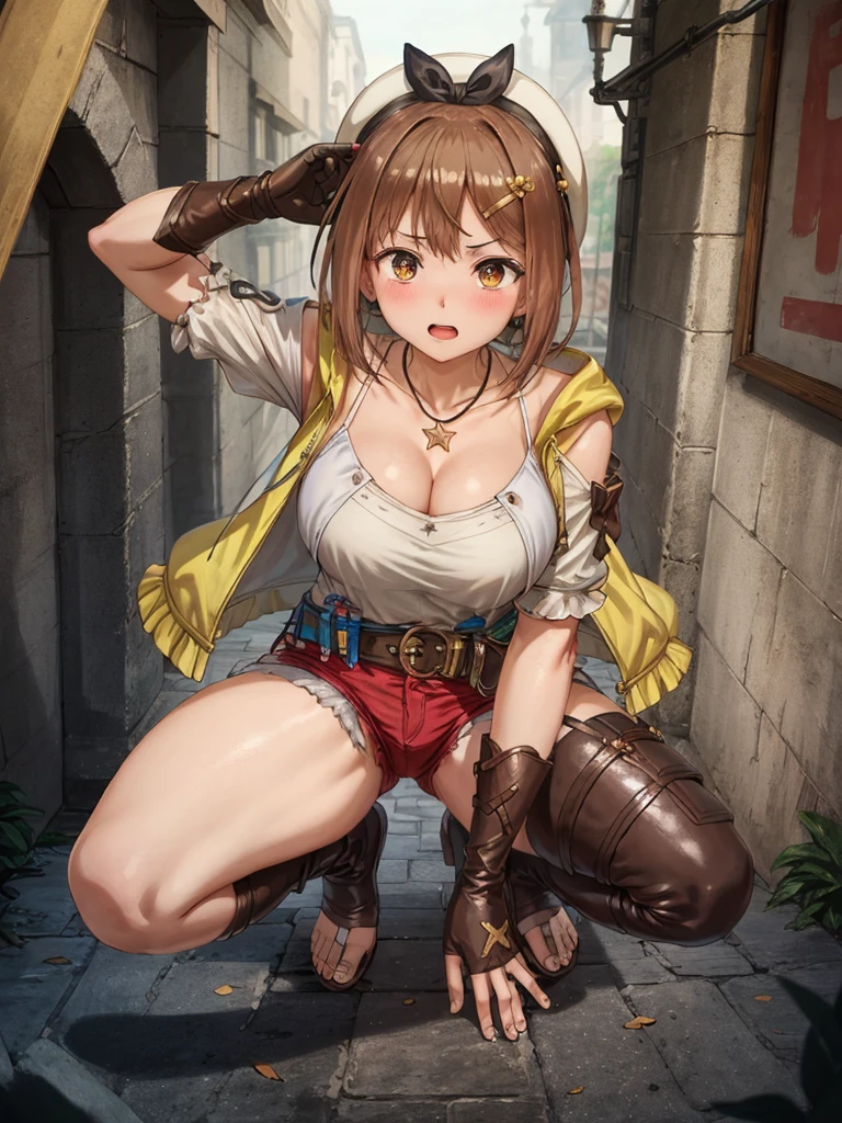 (Squat down and spread your legs:1.3), riser, 1 girl, ((blush:1.2)), alone, shorts, gloves, belt bag, head ribbon, jewelry, 黒いshorts, brown hair, thighs thighs thighs, short shorts, bridal legwear, necklace, brown eyes, single glove, hair ornaments, Barrette, star necklace, toeless footwear, leather, star (symbol), white hat, Brown gloves, Knee-high boots, short hair, thick thighs, leather Belt, brown belt, leather gloves, Jacket, blue belt, thigh boots, ノースリーブJacket, thigh pouch, white thighs, clavicle, 黄色のJacket, brown shoes, cleavage, huge breasts, big breasts, outdoor, close the legs, Put your hands behind your head, narrow your eyes,