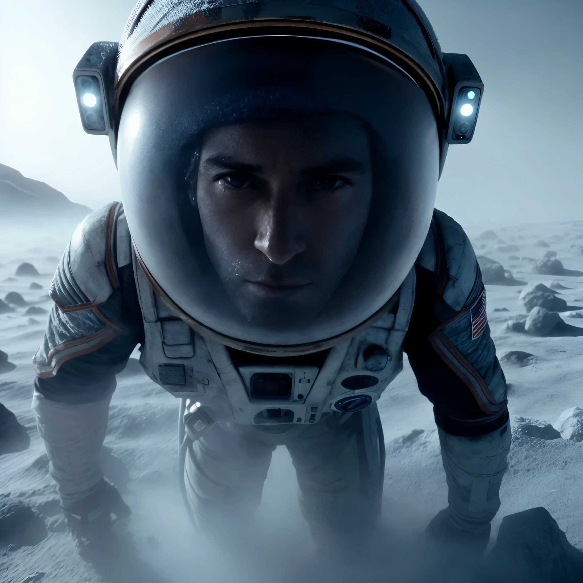 astronaut in space suit standing in a barren area with rocks, 8 k movie still, dramatic sci-fi movie still, 4 k movie still, 4k movie still, from a 2 0 1 9 sci fi 8 k movie, movie still 8 k, highly detailed vfx portrait of, astronaut stranded on planet, sci - fi film still, 8 k hdr movie still