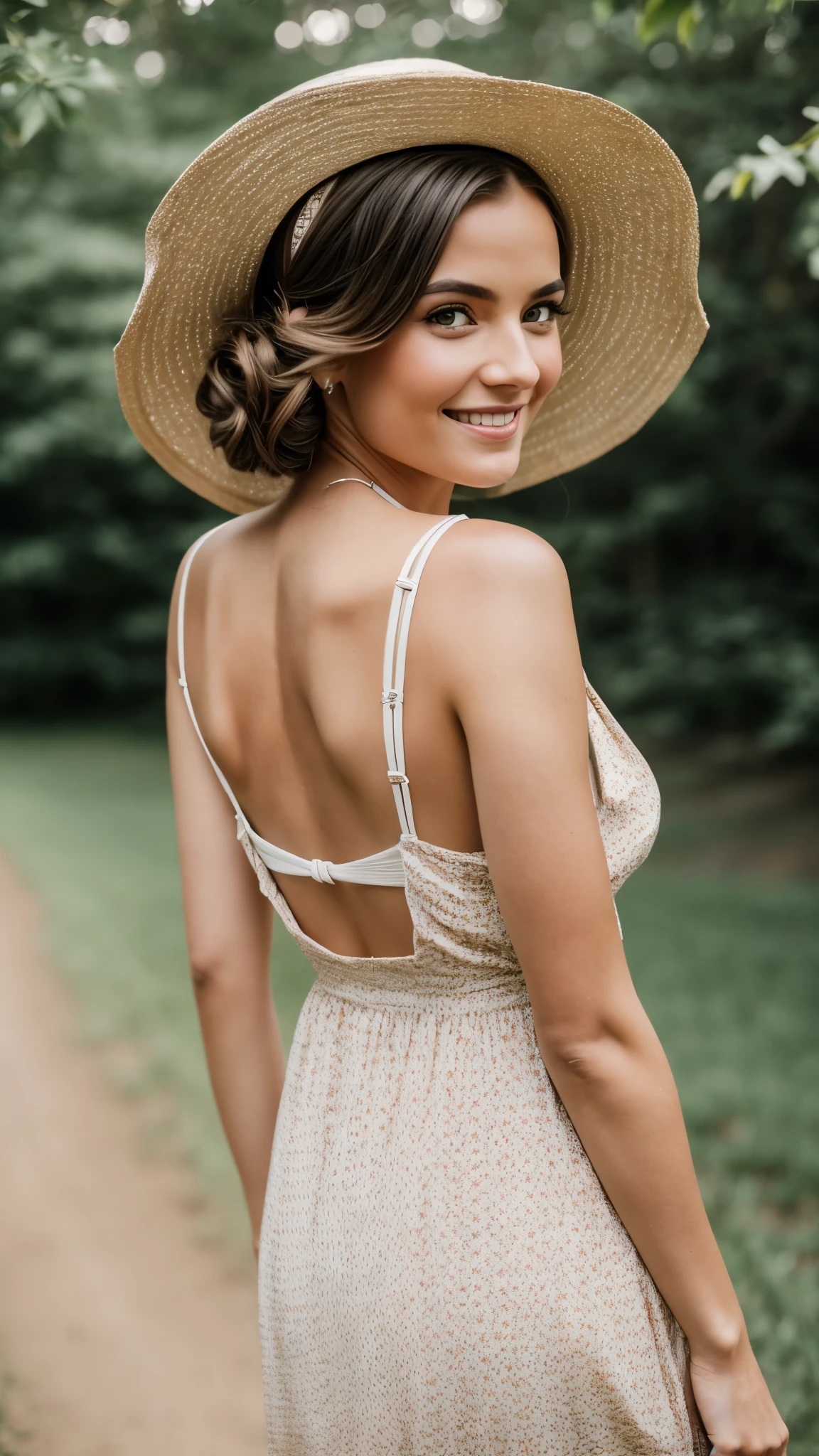 realistic body shot photo of a american smiling woman walking in front of the camera wearing a long 1920s summer dress. Farm. glamour photoshoot. perfect butt, beautiful face, perfect anatomy, fit girl, looking into the camera, strong hip:1.2, wide hip:1.3, 23 yo woman. (Eye makeup:1.1), (highly detailed skin:1.1), RAW, analog style, sharp focus, 8k UHD, DSLR, high quality, Fujifilm XT3, grain, award winning, masterpiece.