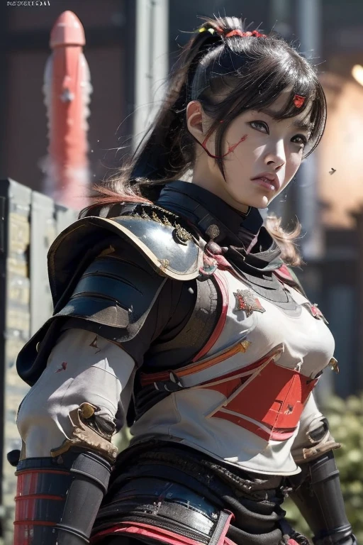 extremely detailed CG unity 32K wallpaper, top quality, masterpiece, raw photo, photorealistic, highest resolution, professional photo, dynamic, cinematic lighting, (Japan in 19th century, science fiction:1.4), steampunk, Edo Period, sharp focus, depth of field, (perfect body, correct anatomy:1.5), intricately detailed face, expressive face, POV, (from front:1.3), 1 girl, Japanese woman, ((female warrior of Tokugawa Shogunate:1.3)), solo, cowboy shot, black hair, ponytail, ultra-realistic skin, detailed skin, tan, dark eyes, hyper-realistic eyes, highly detailed nose and lips, expressionless, ((samurai armor:1.5)), (slender, beautiful breast:1.5), ((powered suit:1.4)), perfect body proportion, the girl's body is highly weaponized, (((in combat with hostile army:1.2))), (((holding an rocket launcher and shooting the rocket launcher:1.5))), (((outdoor, battlefield, vandalize town, noon:1.3)))