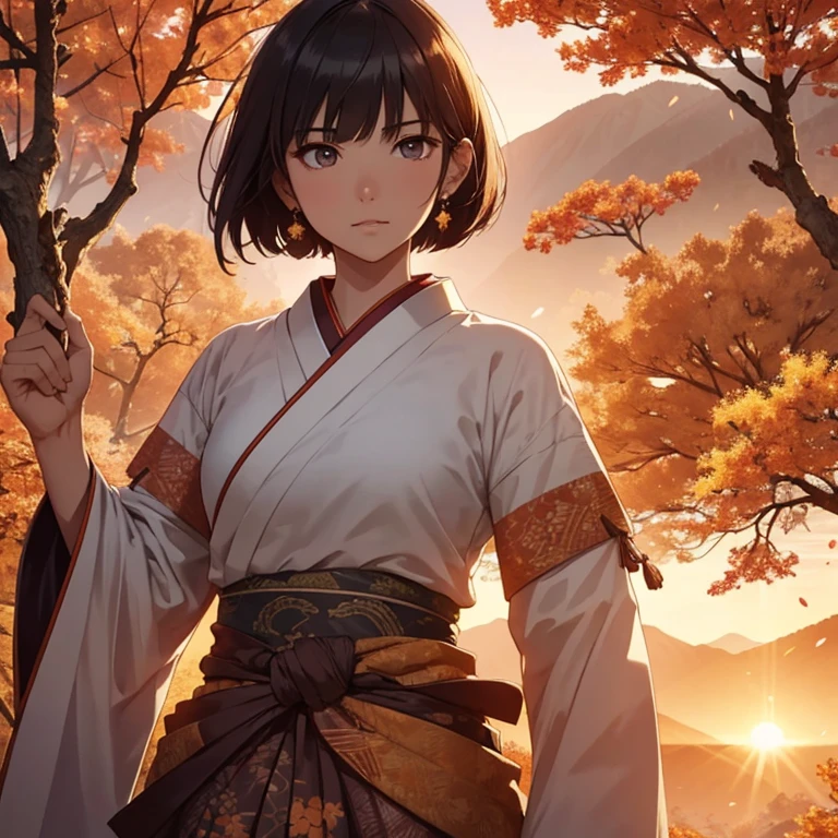 Ultra-realistic 8K CG, masterpiece, best quality, Kugisaki Nobara, solo, captivating, short bobbed hair with bangs, Piercing eyes, detailed face, traditional Japanese attire with a sword at her waist, Delicate patterns and intricate details, Autumn foliage and cherry blossoms in the background, Sun setting behind the mountains, The face illuminated by the warm orange hues of the sun, Noble and strong posture, Embodying both beauty and power.