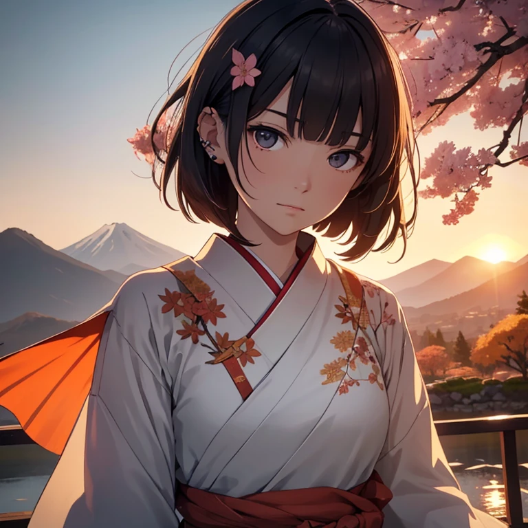 Ultra-realistic 8K CG, masterpiece, best quality, Kugisaki Nobara, solo, captivating, short bobbed hair with bangs, Piercing eyes, detailed face, traditional Japanese attire with a sword at her waist, Delicate patterns and intricate details, Autumn foliage and cherry blossoms in the background, Sun setting behind the mountains, The face illuminated by the warm orange hues of the sun, Noble and strong posture, Embodying both beauty and power.