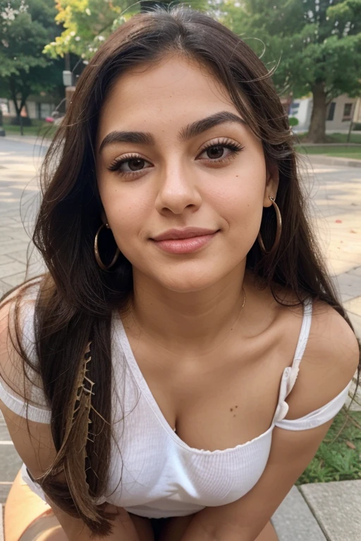 Highheels in view, down view , place: park, weather: cloudy, standing, fatemeh, 25 years and 7 months and 21 days old/ mixture of Phoenician, Greek, Armenian, and Arab/almond eyes, brown eyes, blonde hair,thick hair, ponytail/ bow-shaped lips, uptruned Nose, square jawline, narrow forehead, Protruding chin, high-arch eyebrows, black eyebrows , thick eyebrows/168 centimeters height, 61 kilograms weight,tanned body/ small mole on left eyebrow، small mole on the corner of the lower left lip, straight wavy hair،A small amount of acne on the cheek، Cheek dimple, chin dimple/ , smiling/ dressed stockings, panties, highheels tight white shirt