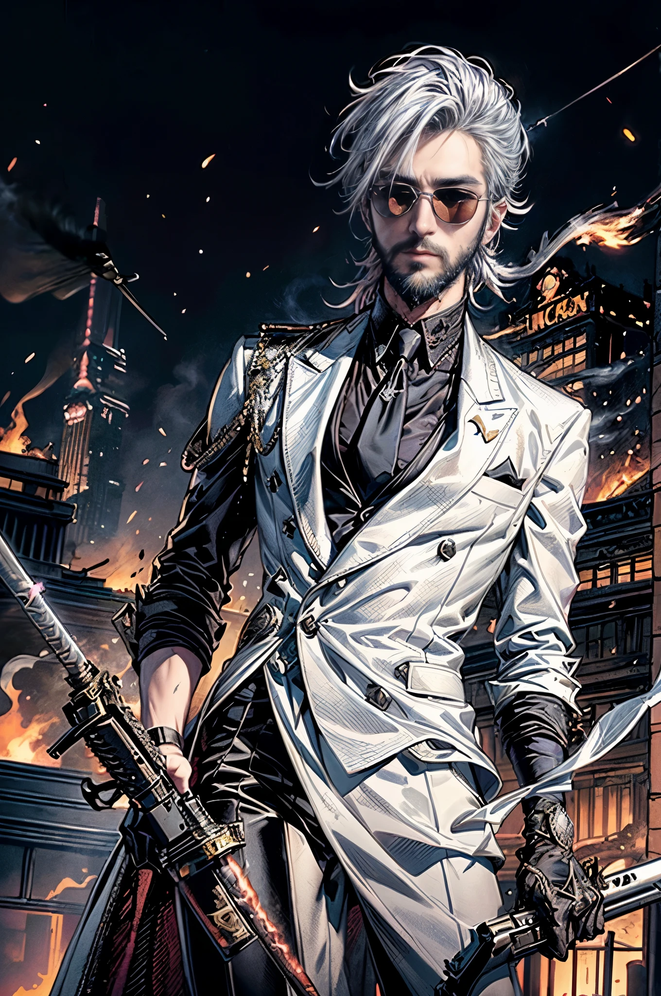 cinematic lighting,16k quality、super dense skin、Beautiful quality with attention to detail,cyberpunk、(Handsome young man with silver hair、beard、Detailed beautiful facial features:1.3)、(formal black business suit、white shirt、black suit slacks:1.2)(sunglasses、tobacco、Heavy Smoker:1.4).(point your weapon at me、point the long gun at me:1.4)Huge cross motif tie、on the roof、attack acrobatically、Predawn sky、The world of steampunk、(Sense of urgency、grand)(a helicopter is flying above、fire from building:1.3)
