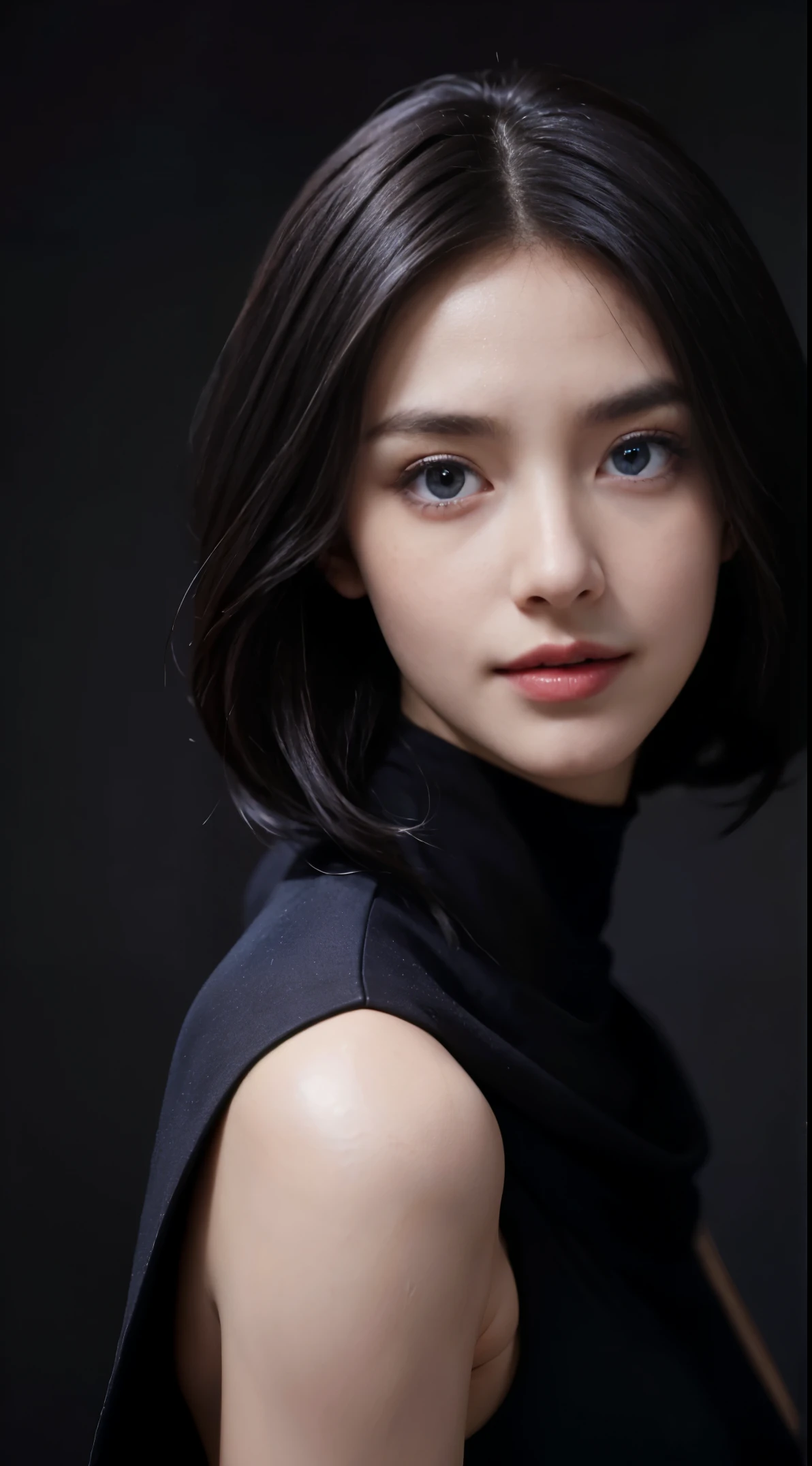 8K, Top Quality, Intricate Details, Ultra Detail, Ultra High Resolution, Masterpiece, full body, close up shot ,Slender, skinny, slim, Smile, (Makeup: 0.4), (Fluffy Blue Eyes: 1.21), blue Eyes, looking at viewer, (()), 1girl, solo, 1 girl, (( full body)), , , ((tall)), (((fit body))), (((slim face))), sharp face, sharp eyes, (((dark colour hair, )) , (detailed face), sharp face, small lips, standing , , , ,
(( )), ((shawl)), detailed face, detailed breast, , large breast, detail ass, , Beautiful girl with accentuated slender abs: 1.4, Six Pack Abs: 1.4, Bust Botox, Big, Perfect Body, detail leg, (( dark background)), black background, full body,
