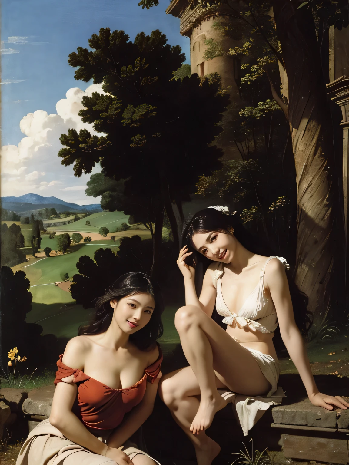 Ancient Roman ruins,Poussin-style landscape,A smile,,Sweet and seductive appearance.、Caravaggio's paintings、Chiaroscuro of Caravaggio、Hair disheveled in the wind,Two women frolicking,Cute smile, Expression of ecstasy,A sexy,Erotic
