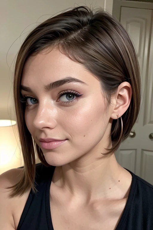 pussy, Belle fille, Marron_eyeeautiful mince adolescente de 18 ans, cheveux color [Brown highlights cheveux], [Pixie undercut] cheveux)), boucles d’oreilles, lèvres, Réaliste, taille étroite, charmant, pink lèvrestick, maquillage coloré, Cils longs, boucles d’oreilles, porter de l’eye-liner, peau claire, (mignon), (face détaillée), Yeux détaillés, Iris détaillé, en nuisette de nuit, pyjama,  {De la tête aux pieds, montrant tout ton corps:1.7}, un sourire