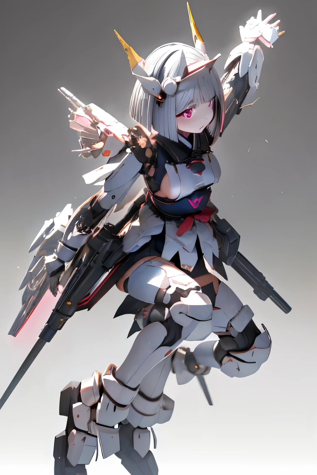 (highest quality)), ((masterpiece)), (very detailed: 1.3), 3D, {(japanese young girl)}, japanese girl wear shrine maiden under armor, wears a futuristic Gundam mecha,(Gundam), with headgear, with v-fin , armored shoulders,armored under arms, armored under legs, multilayer textureperfect proportions, octane rendering, duotone lighting, Low ISO, wide aperture, White balance, Rule of thirds, ultra HD16k, HDR (High Dynamic Range), Ray Tracing, NVIDIA RTX, Super Resolution, Subsurface Scattering, PBR Texturing, Post Processing, Anisotropic Filtering, Depth of Field, Maximum Clarity and Clarity, High efficiency subpixel, subpixel convolution, particles of light, light scattered, Tyndall effect, full body:1.5, battle pose, cute, (cute:1.2), (bob cut:1.3),三つ編み, 黒髪, 太い眉毛, 薄い色の虹彩, 大きくて輝いている黒い瞳, 長いまつげ, 小さく薄い色の自然な唇, (Average face of Japanese idols), (日本人特有の童顔:1.3), (baby face), 広いおでこ:1.2, ふっくらした頬, 小さな顎, visible side boob, (holding a huge weapon:1.5), in the hangar,looking at viewer,Focus on the eyes