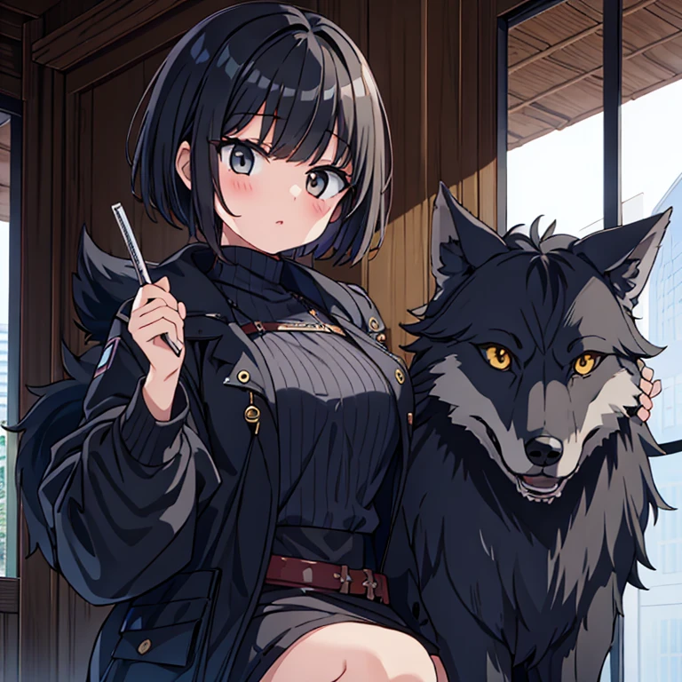 black hair short、wolf cut、girl、tobacco