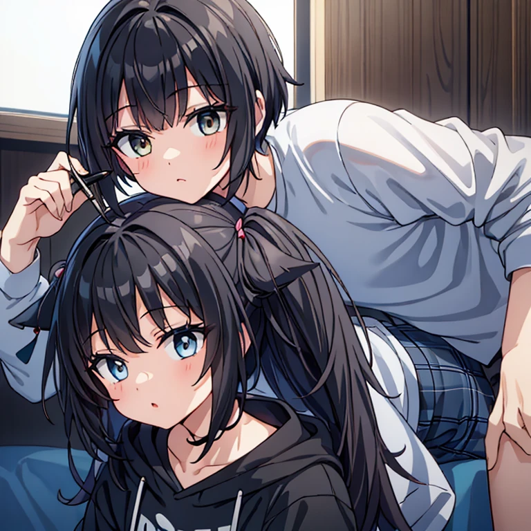 Super detailed, best quality, High resolution, moe-anime, ((((Two little girls with black hair and round glasses are loving each other.)))), (baby face), Tareme:1.2, cute eyes, detailed eye description, Eye sparkle, Looking at viewer, pale skin, (((petite))), (((face only:1.3))), (Big eyes:1.5), smile, NSFW, focus on the face, ((bust shot)), Bright eyes, open mouth, from above, on the bed, ((wearing white underwear))