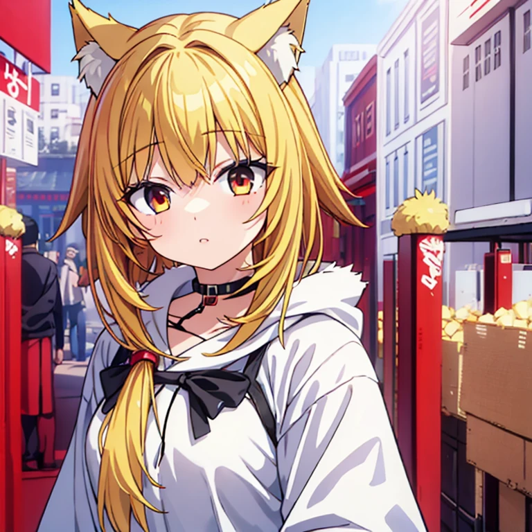 yellow hair、red eyes、wolf cut、girl