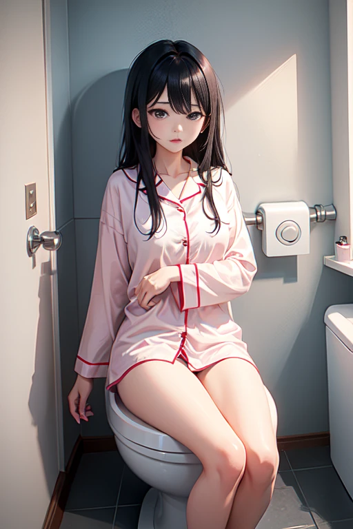 cinematic lighting、highest quality、beautiful girl、pajamas、toilet、Waking up、(black haired)、looks sleepy、Black panties、Pee,