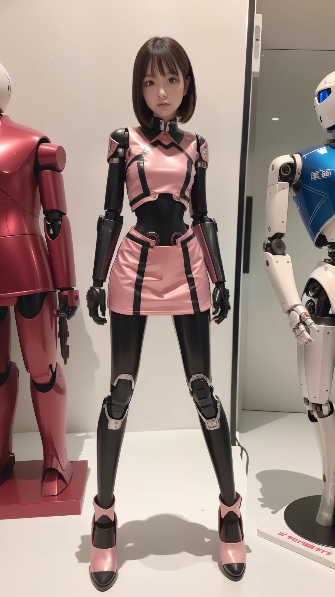 Robot Girl, pink there, Silver, Metallic body, Robot Parts, Metal Parts, Super Detailed Face, Super well-formed face, of the highest quality, a small face, a small head, Brown hair, Slender body, Camera gaze, Internal Mechanical Exposure, Idol, front facing, Well-proportioned body, sale, Exhibited, Event Hall, Moe Pose, pink metallic Lolita dress machine armor, Standing with legs open, Model body type, sad, Embarrassing,(Perfect Robot Girl),(Perfect machine body)