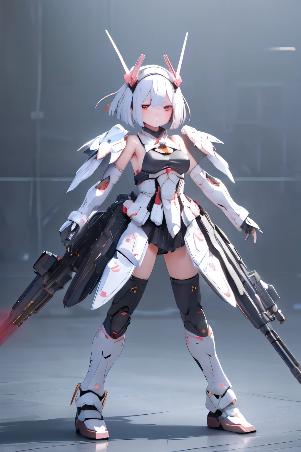 {(japanese young girl)}, (She is fused with futuristic Gundam mecha:1.2), with headgear, with v-fin , ((unarmored cleavage)), ((unarmored stomach)), ((unarmored upper arms)), ((unarmored face)), (unarmored hands), (unarmored waist), ((unarmored thighs)), (unarmored ankles), japanese girl wear light blue and white striped pantie under armor, full body:1.5, ,destroyed city background, multilayer textureperfect proportions, octane rendering, duotone lighting, Low ISO, wide aperture, White balance, Rule of thirds, ultra HD16k, HDR (High Dynamic Range), Ray Tracing, NVIDIA RTX, Super Resolution, Subsurface Scattering, PBR Texturing, Post Processing, Anisotropic Filtering, Depth of Field, Maximum Clarity and Clarity, High efficiency subpixel, subpixel convolution, particles of light, light scattered, Tyndall effect, full body:1.5, battle pose, cute, (cute:1.2), (bob cut:1.3),三つ編み, 黒髪, 太い眉毛, 薄い色の虹彩, 大きくて輝いている黒い瞳, 長いまつげ, 小さく薄い色の自然な唇, (Average face of Japanese idols), (日本人特有の童顔:1.3), (baby face), 広いおでこ:1.2, ふっくらした頬, 小さな顎, visible side boob, (mechanical wings), holding weapon,holding huge weapon, holding Very large shield, , asymmetric body,looking at viewer,Focus on the eyes,with sleek and menacing design, 
