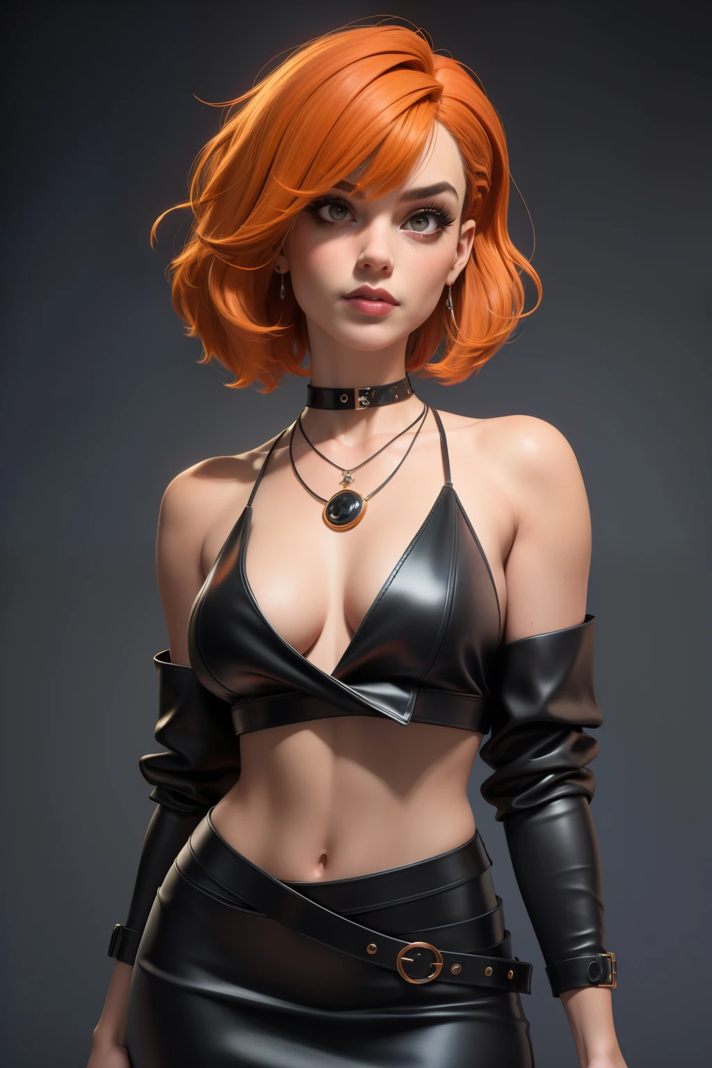 masterpiece, best quality,3d rending work ,3DMM style, pro nude fashion photography, 3D,1 nude girl, solo, erotic photo, erotic art, multicolored hair, orange hair, black hair, necklace, freckles, jewelry, two-tone hair, looking to the side, lustful look, realistic, full naked body, simple background, bangs, looking away, short hair, parted lips, black eyes, lips, gothic, choker, makeup, mole, fashion pose, post punk, dark wave, cinematic lighting, chiaroscuro, Canon