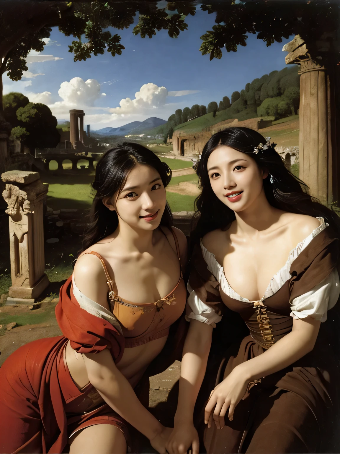 Ancient Roman ruins,Poussin-style landscape,A smile,,Sweet and seductive appearance.、Caravaggio's paintings、Chiaroscuro of Caravaggio、Hair disheveled in the wind,Two women frolicking,Cute smile, Expression of ecstasy,A sexy,Erotic