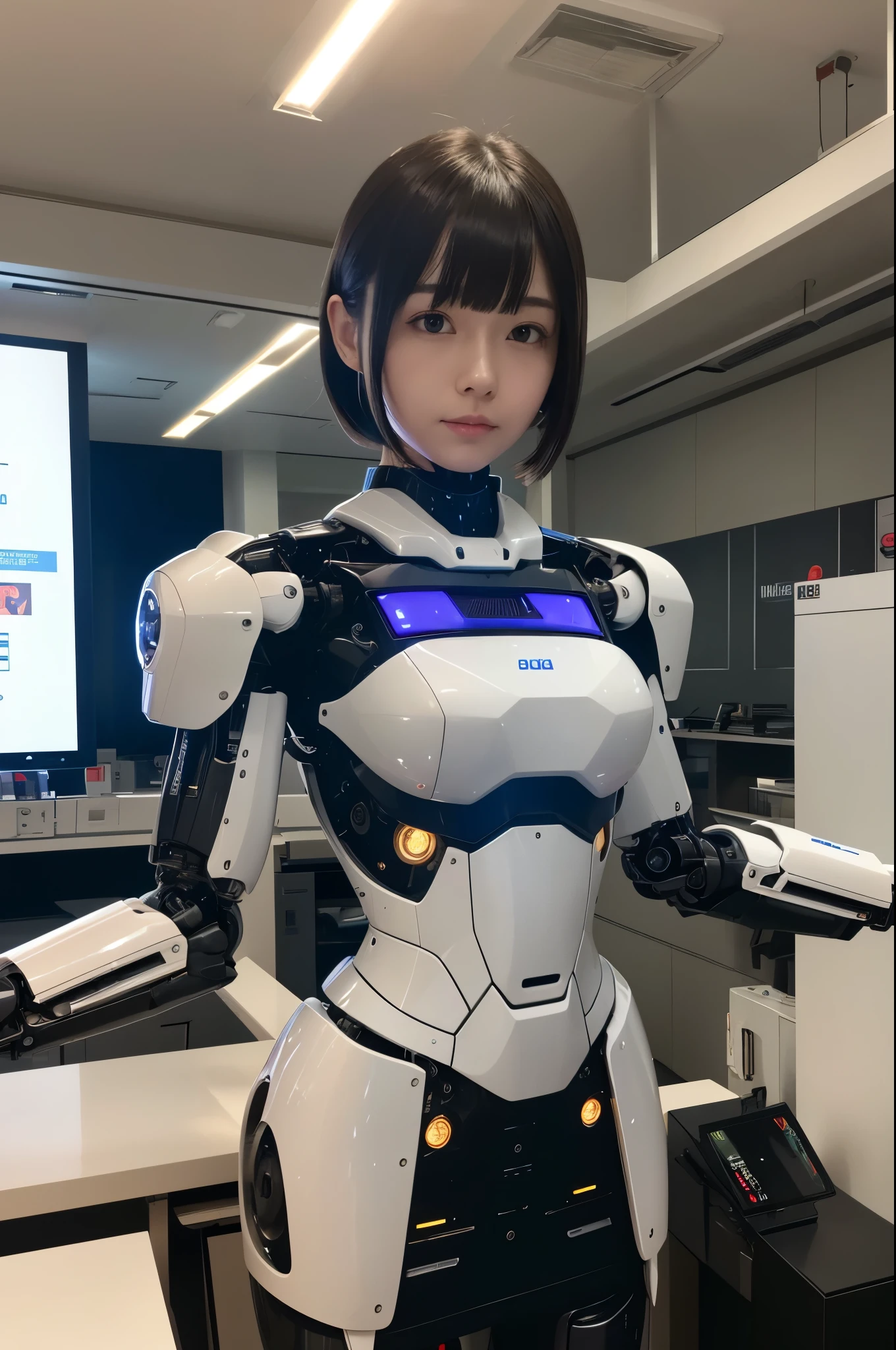 masterpiece, best quality, extremely detailed, Japaese android girl,Plump , control panels,android,Droid,Mechanical Hand, Robot arms and legs,Blunt bangs,long tube,thick cable connected her neck,(robot-assembly plant:1.4),She is assembling now,(assembly scene:1.5),