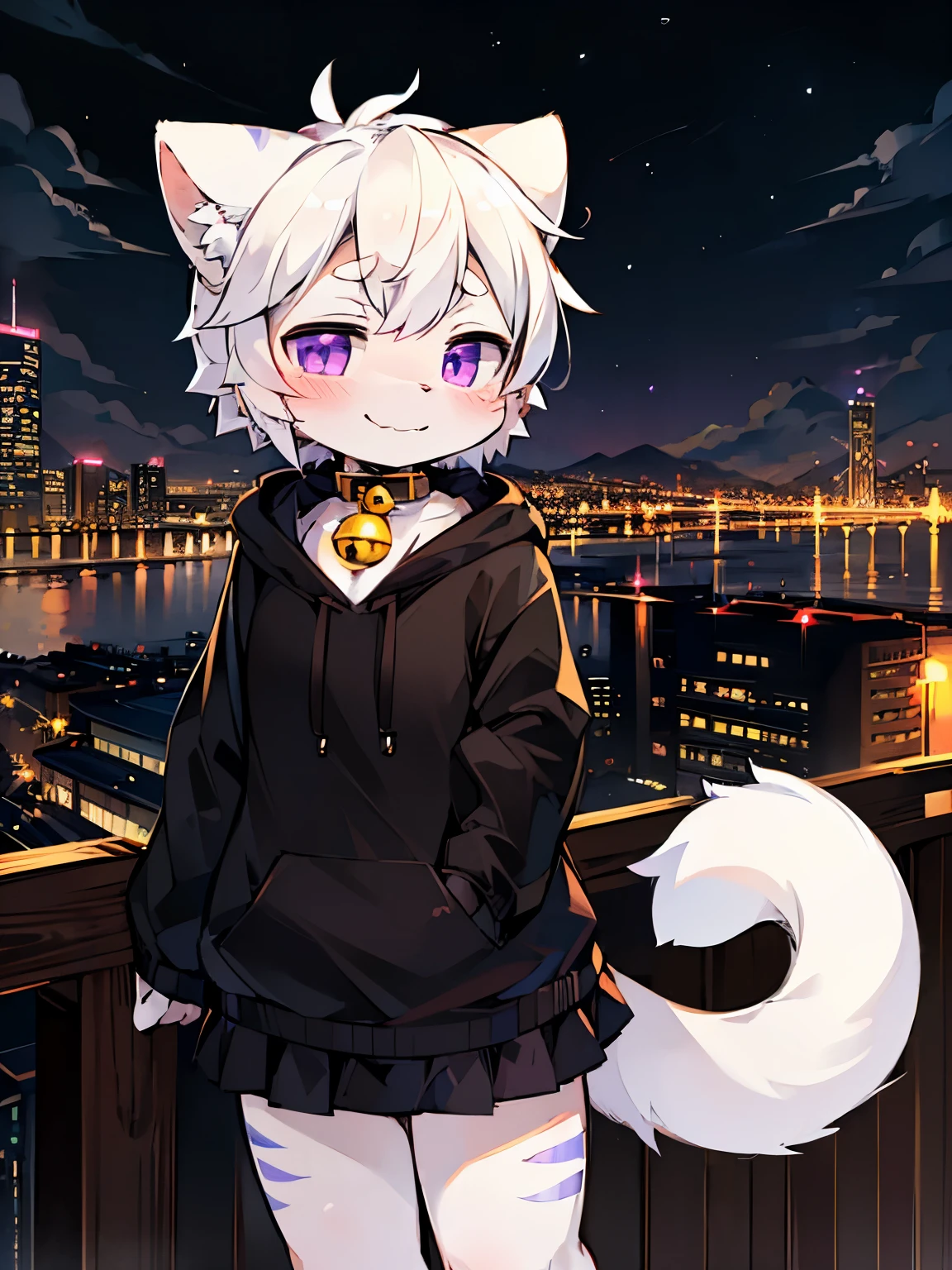 Solo, kemono, high details, 8k, ultra detailed, (by dagasi, by mochiri_work, by XueyeMika) ((white cat, white hair, tail, purple eyes, black hoodie, black skirt, bell collar)) (look at camera, stand, smile softly) high resolution, masterpiece, city background, cyberpunk, night time, city and lake, neon light, lightning (smooth line, detailed background, night time)