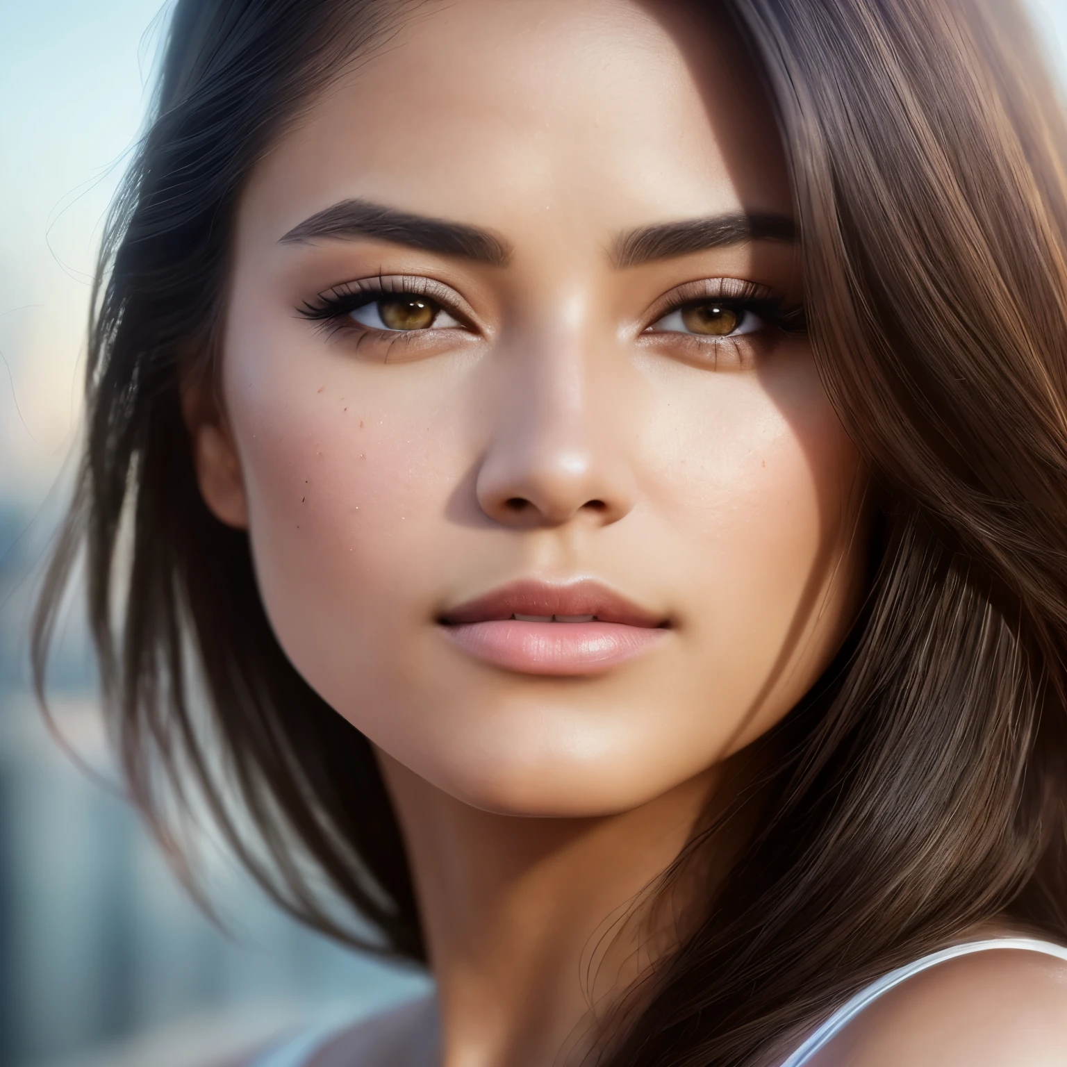 (Isabel Merced, solo, dynamic angle, seductive), (RAW, analog, Nikon Z 14mm ultra wide angle lens, award-winning glamour photography, ((highest quality)), ((masterpiece)), ((realistic)), skin pores, subsurface scattering, synchrotron rays, high resolution, detailed facial features, high detail, sharp focus, smooth, aesthetic, highly detailed, (highly detailed eyes, highly detailed iris), highly detailed hair, highly detailed skin, highly detailed clothing, Octane Rendering, Photorealistic, Realistic, Post-Processing, Maximum Detail, Realistic Shadows, Roughness, Natural Skin Texture, Real Life, Ultra Realistic, Photorealism, Photography, 8K UHD, Photo, HDR, Complex and Elegant, Highly Detailed, Sharp Focus, Stunning, Beautiful, Gorgeous), (Masterpiece: 1.2, Best Quality 1:1, Ultra Detail: 1.2, Best Shadows, 8k: 1.1) (Large city: 1.3, rooftop: 1.1, lower structures, railings), (contrasting background, light background), (beautiful detailed face), high contrast, (perfect lighting: 1.2, beautiful color, delicate color), (cinematic light)), colorful, hyper-detail, dramatic light, intricate detail, depth of field
