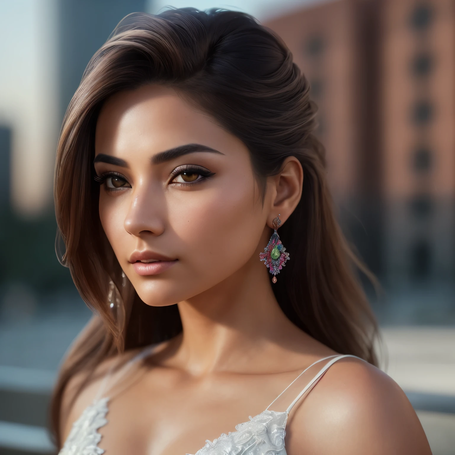 (Isabel Merced, solo, dynamic angle, seductive), (RAW, analog, Nikon Z 14mm ultra wide angle lens, award-winning glamour photography, ((highest quality)), ((masterpiece)), ((realistic)), skin pores, subsurface scattering, synchrotron rays, high resolution, detailed facial features, high detail, sharp focus, smooth, aesthetic, highly detailed, (highly detailed eyes, highly detailed iris), highly detailed hair, highly detailed skin, highly detailed clothing, Octane Rendering, Photorealistic, Realistic, Post-Processing, Maximum Detail, Realistic Shadows, Roughness, Natural Skin Texture, Real Life, Ultra Realistic, Photorealism, Photography, 8K UHD, Photo, HDR, Complex and Elegant, Highly Detailed, Sharp Focus, Stunning, Beautiful, Gorgeous), (Masterpiece: 1.2, Best Quality 1:1, Ultra Detail: 1.2, Best Shadows, 8k: 1.1) (Large city: 1.3, rooftop: 1.1, lower structures, railings), (contrasting background, light background), (beautiful detailed face), high contrast, (perfect lighting: 1.2, beautiful color, delicate color), (cinematic light)), colorful, hyper-detail, dramatic light, intricate detail, depth of field