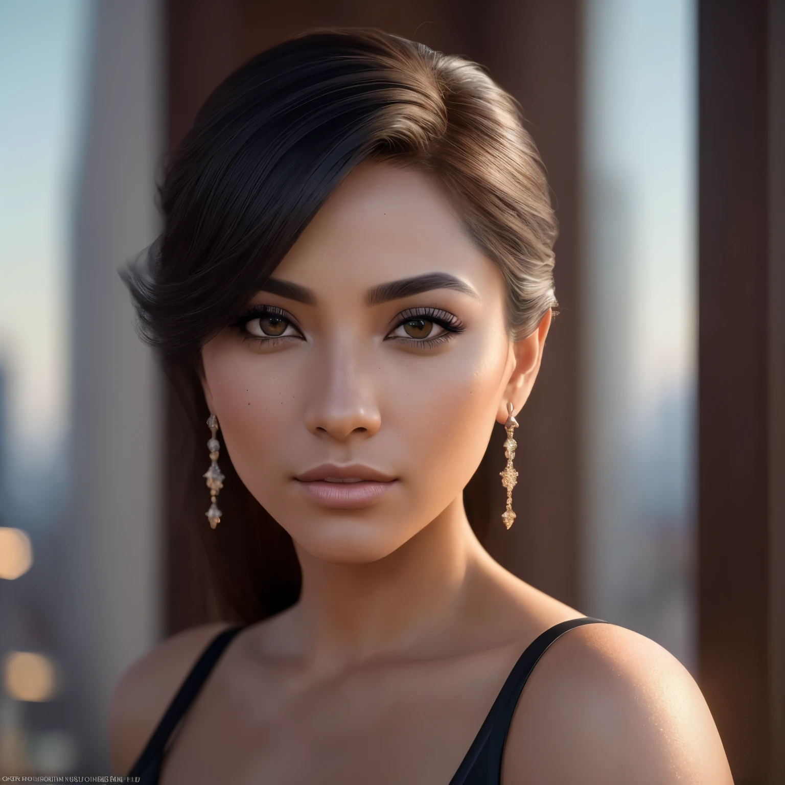 (Isabel Merced, solo, dynamic angle, seductive), (RAW, analog, Nikon Z 14mm ultra wide angle lens, award-winning glamour photography, ((highest quality)), ((masterpiece)), ((realistic)), skin pores, subsurface scattering, synchrotron rays, high resolution, detailed facial features, high detail, sharp focus, smooth, aesthetic, highly detailed, (highly detailed eyes, highly detailed iris), highly detailed hair, highly detailed skin, highly detailed clothing, Octane Rendering, Photorealistic, Realistic, Post-Processing, Maximum Detail, Realistic Shadows, Roughness, Natural Skin Texture, Real Life, Ultra Realistic, Photorealism, Photography, 8K UHD, Photo, HDR, Complex and Elegant, Highly Detailed, Sharp Focus, Stunning, Beautiful, Gorgeous), (Masterpiece: 1.2, Best Quality 1:1, Ultra Detail: 1.2, Best Shadows, 8k: 1.1) (Large city: 1.3, rooftop: 1.1, lower structures, railings), (contrasting background, light background), (beautiful detailed face), high contrast, (perfect lighting: 1.2, beautiful color, delicate color), (cinematic light)), colorful, hyper-detail, dramatic light, intricate detail, depth of field