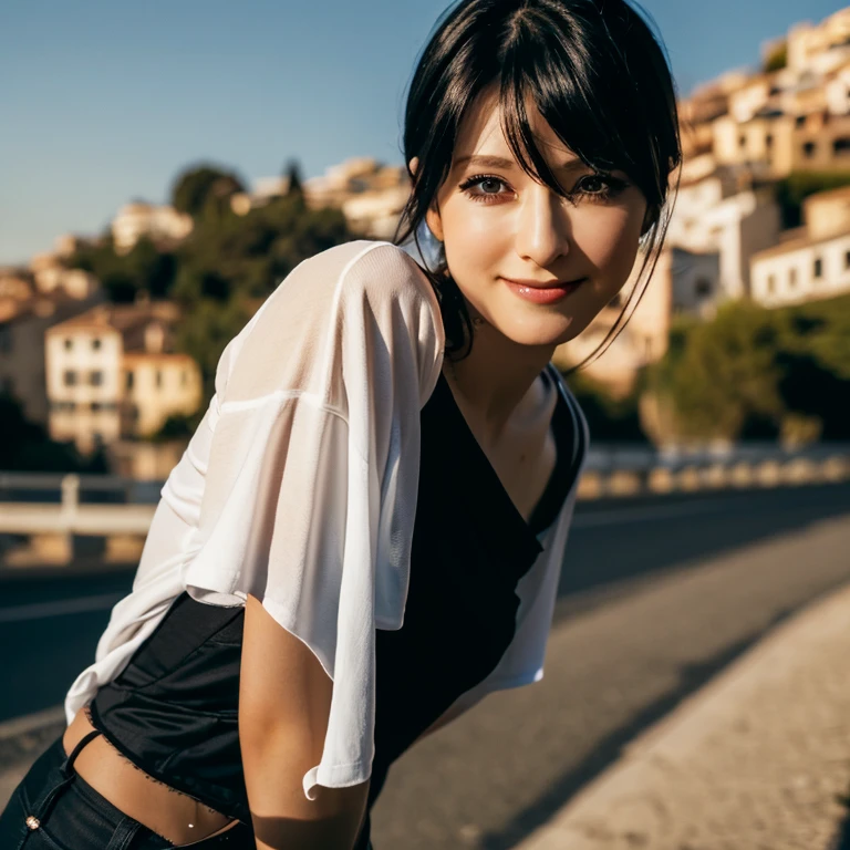 black t-shirt,Black skinny pants,belt,stylish,posing,beautiful girl,delicate,aggressive,eye make up,smile,black hair,bangs,white skin,long eyelashes,Seductive eyes,italian road,Illuminated by the setting sun,The wind is blowing,dynamic lighting,dynamic angle,perfect description,perfect composition