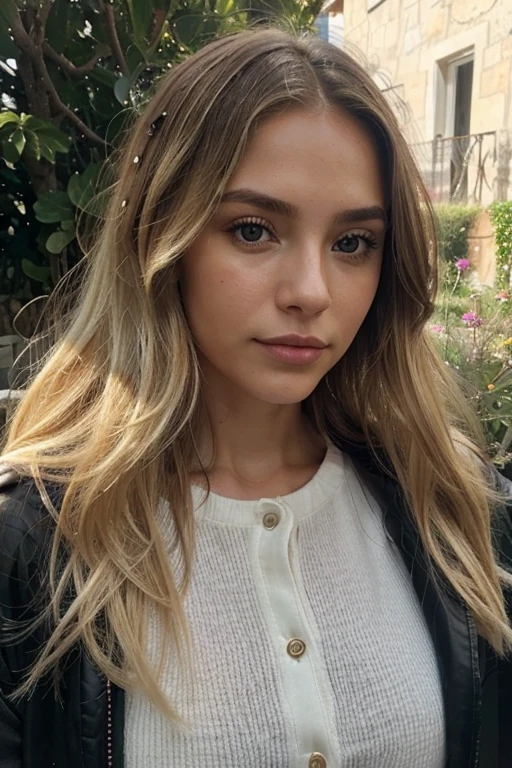 A 23-year-old blonde woman, ((pechos grandes)), ((hiperrealismo)) ,. blonde hair with light brown roots. cabello rubio, Hair with brown roots, cabello extra largo, cabello muy largo, Cabello muy largo, hermoso, vista frontal, autofoto, Foto tomada con iPhone, elegante camisa negra con escote, escotada, autofoto in the garden, alta calidad, autofoto iPhone, escote, ojos verdes, labios carnosos, con chaqueta de invierno con capucha de pelos