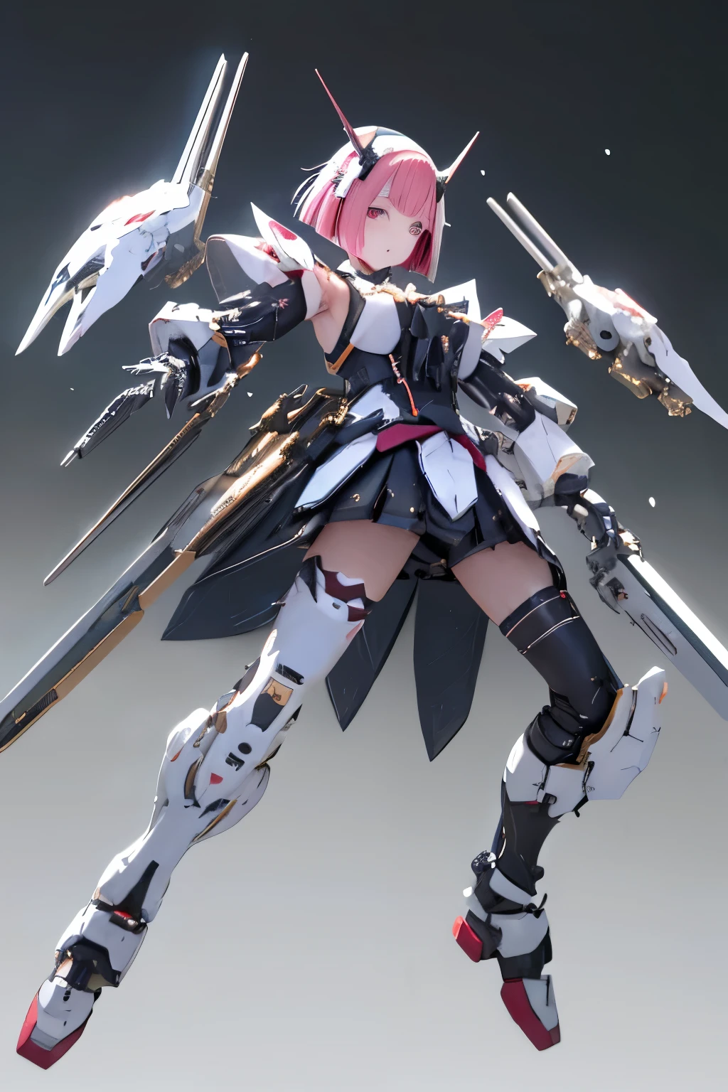 (highest quality)), ((masterpiece)), (very detailed: 1.3), 3D, {(japanese young girl)}, japanese girl wear gothic lolita clothes with white frills under armor,  wears a futuristic Gundam mecha,(Gundam), with headgear, with v-fin , armored shoulders,armored under arms, armored under legs,  multilayer textureperfect proportions, octane rendering, duotone lighting, Low ISO, wide aperture, White balance, Rule of thirds, ultra HD16k, HDR (High Dynamic Range), Ray Tracing, NVIDIA RTX, Super Resolution, Subsurface Scattering, PBR Texturing, Post Processing, Anisotropic Filtering, Depth of Field, Maximum Clarity and Clarity, High efficiency subpixel, subpixel convolution, particles of light, light scattered, Tyndall effect, full body:1.5, battle pose, cute, (cute:1.2), (bob cut:1.3),三つ編み, 黒髪, 太い眉毛, 薄い色の虹彩, 大きくて輝いている黒い瞳, 長いまつげ, 小さく薄い色の自然な唇, (Average face of Japanese idols), (日本人特有の童顔:1.3), (), 広いおでこ:1.2, ふっくらした頬, 小さな顎, visible side boob, (holding a huge weapon:1.5), in the hangar,looking at viewer,Focus on the eyes 