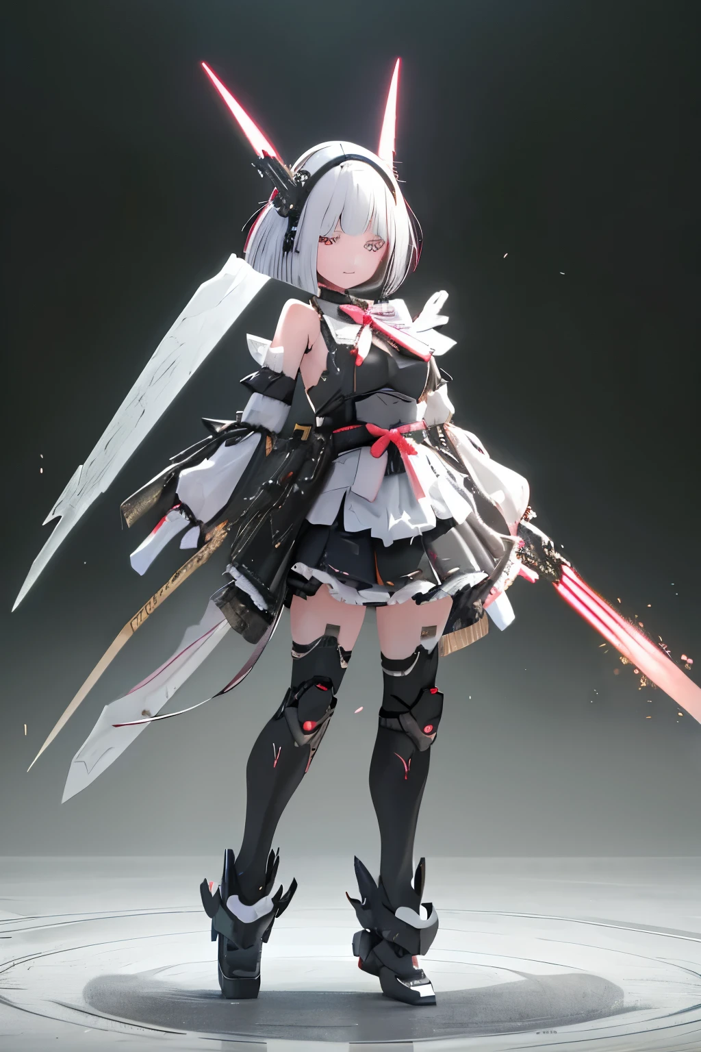 (highest quality)), ((masterpiece)), (very detailed: 1.3), 3D, {(japanese young girl)}, japanese girl wear gothic lolita clothes with white frills under armor, wears a futuristic Gundam mecha,(Gundam), with headgear, with v-fin , armored shoulders,armored under arms, armored under legs, multilayer textureperfect proportions, octane rendering, duotone lighting, Low ISO, wide aperture, White balance, Rule of thirds, ultra HD16k, HDR (High Dynamic Range), Ray Tracing, NVIDIA RTX, Super Resolution, Subsurface Scattering, PBR Texturing, Post Processing, Anisotropic Filtering, Depth of Field, Maximum Clarity and Clarity, High efficiency subpixel, subpixel convolution, particles of light, light scattered, Tyndall effect, full body:1.5, battle pose, cute, (cute:1.2), (bob cut:1.3),三つ編み, 黒髪, 太い眉毛, 薄い色の虹彩, 大きくて輝いている黒い瞳, 長いまつげ, 小さく薄い色の自然な唇, (Average face of Japanese idols), (日本人特有の童顔:1.3), (baby face), 広いおでこ:1.2, ふっくらした頬, 小さな顎, visible side boob, (holding a huge weapon:1.5), in the hangar,looking at viewer,Focus on the eyes