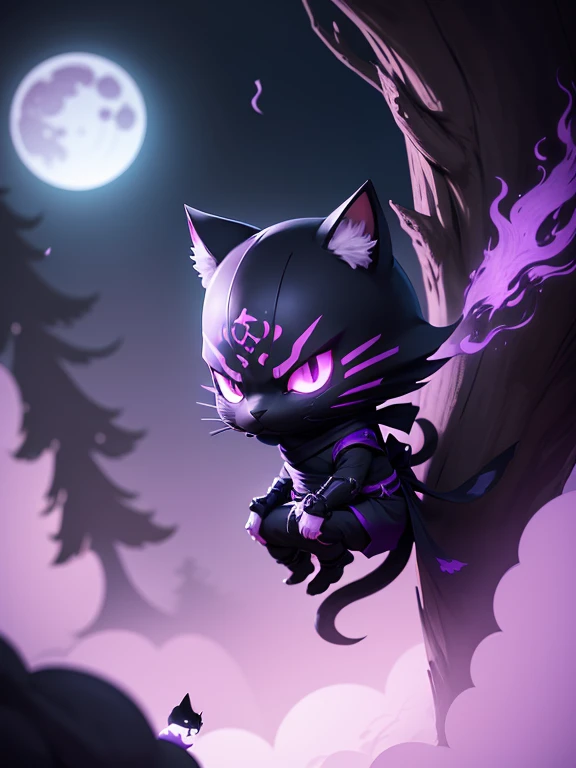 Create a cute dark fantasy ninja cat in a clean line minimalist cartoon style, In the background a beautiful forest and a bright purple moon, renderizado de octanaje, 8k