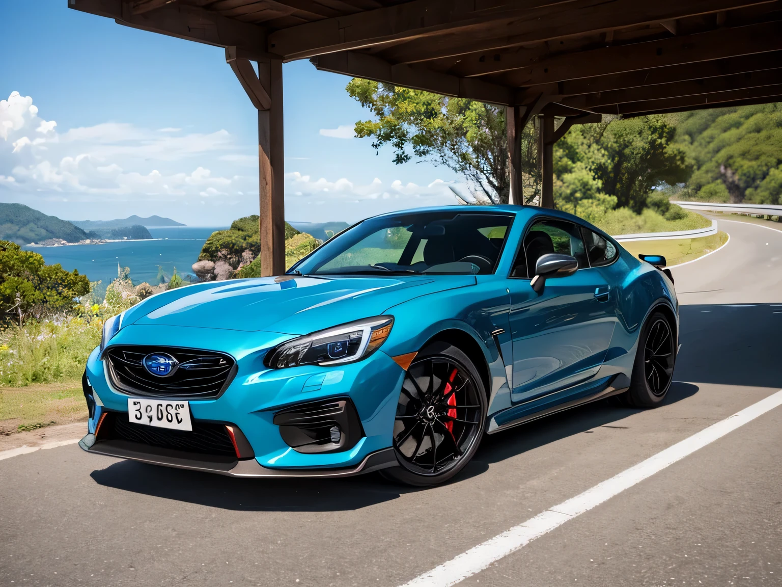 ultra high resolution、super high quality、8K、Wonderful expression with attention to detail、early summer coastline、A white sports car stopped on a mountain road、Subaru、Alcyone　2000GT　sports coupe
