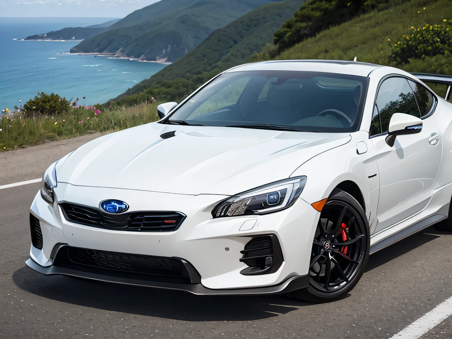 ultra high resolution、super high quality、8K、Wonderful expression with attention to detail、early summer coastline、A white sports car stopped on a mountain road、Subaru、Alcyone 2000GT sports coupe