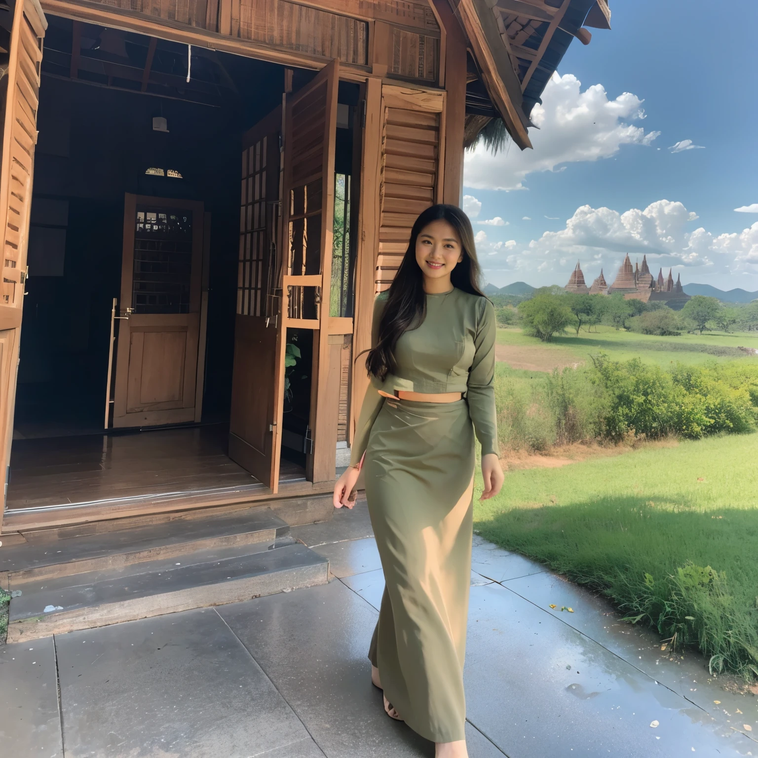 a beautiful girl with cute dimples, smiling, wearing
burmese dress, walking in Bagan's street,
ACMM LS OUTFIT, WEARING ACMM TOP OLIVE
GREEN ACMM TOP; LONG SLEEVES, WEARING
ACMM LONG SKIRT, OLIVE GREEN ACMM LONG
SKIRT, PRINTED SKIRT
OUTDOORS, SCENERY, TRADITIONAL MEDIA,
SKY, DAY, PHOTO BACKGROUND, REAL WORLD
LOCATION, ARCHITECTURE, NATURE, RUINS
LANDSCAPE, BAGAN ANCIENT PAGODA
BACKGROUND